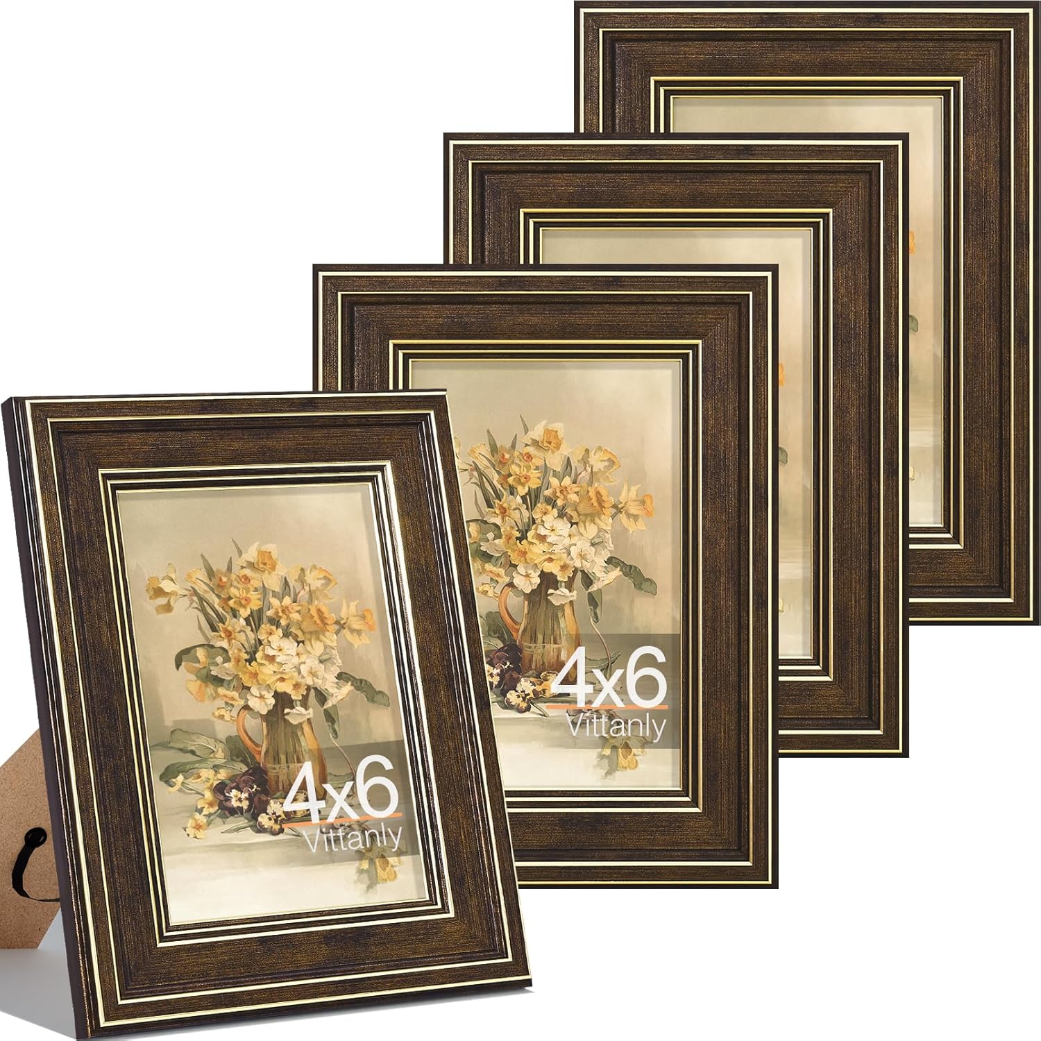 Vittanly 12x12 Picture Frame Set of 4, Vintage Photo Frame for Wall or Tabletop, Display 8x8 Pictures with Mat or 12x12 without Mat, Rustic Farmhouse Home Decor, Gold