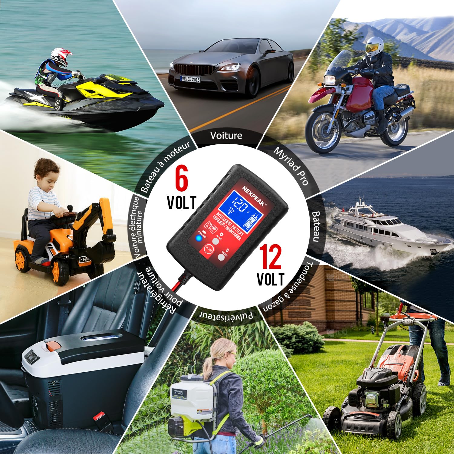 Chargeur de Batterie de Voiture 1,75 A, 6 V et 12 V, Chargeur de Batterie Intelligent entièrement Automatique, Chargeur d'entretien, désulfateur de Batterie pour Voiture, Tondeuse à Gazon, Moto