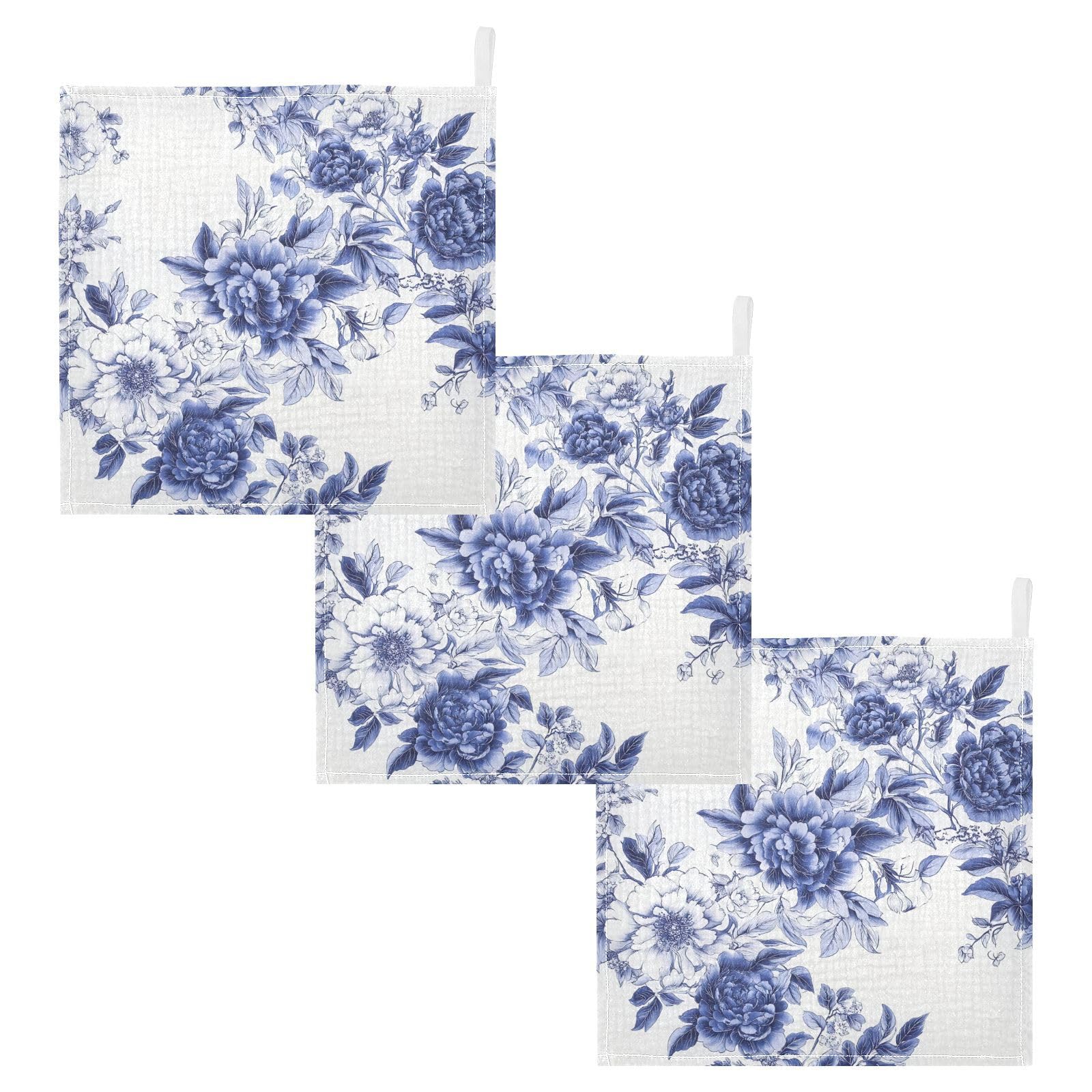 Nander Blue Retro Flower Baby Muslin Washcloths 3PCS- Soft Face Cloths for Newborn Absorbent Bath Wash Cloths Wipes
