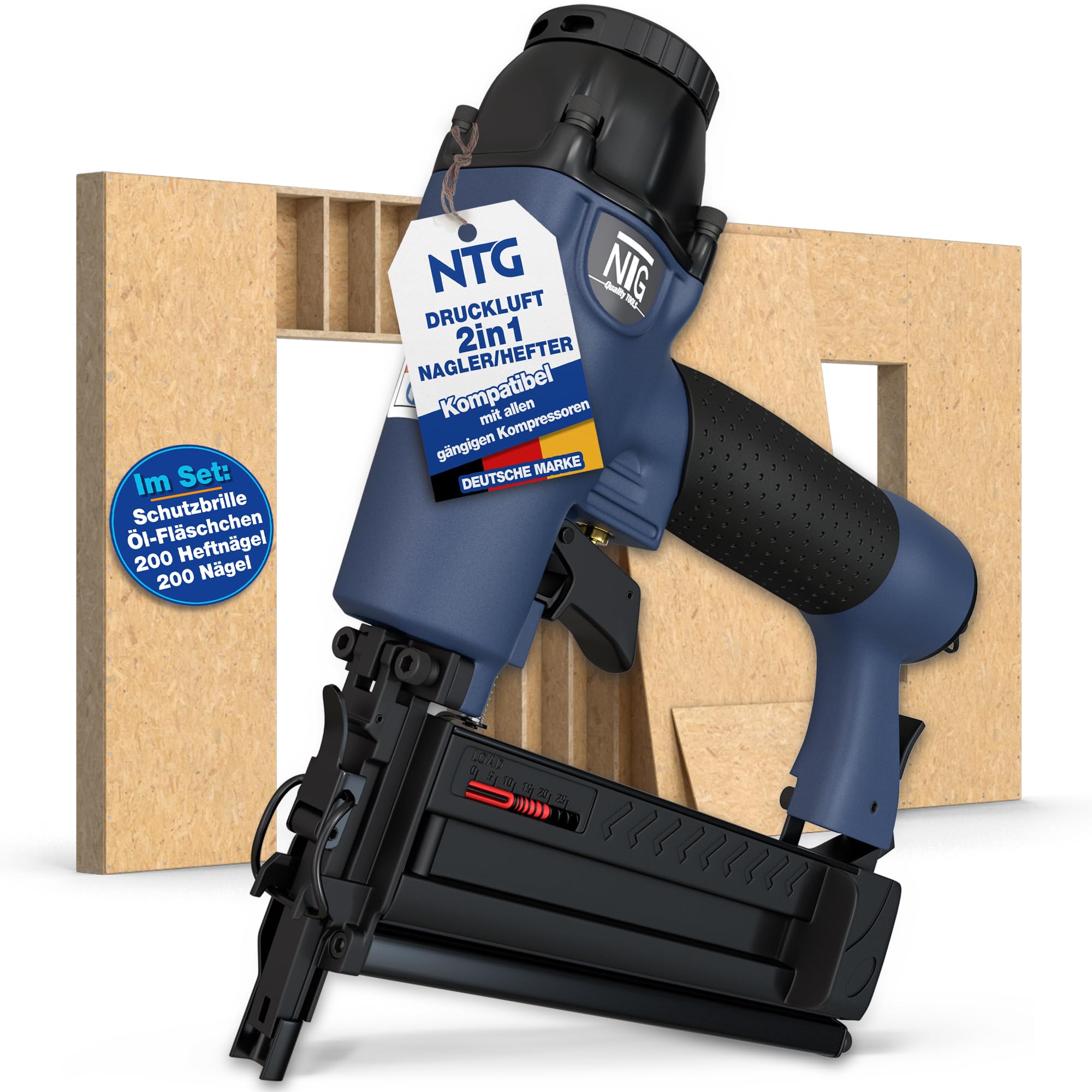 NTG Druckluft Nagler Nagelpistole Komplettset 1,1 kg 100 Stück Magazin 16-40 mm Tacker Klammergerät