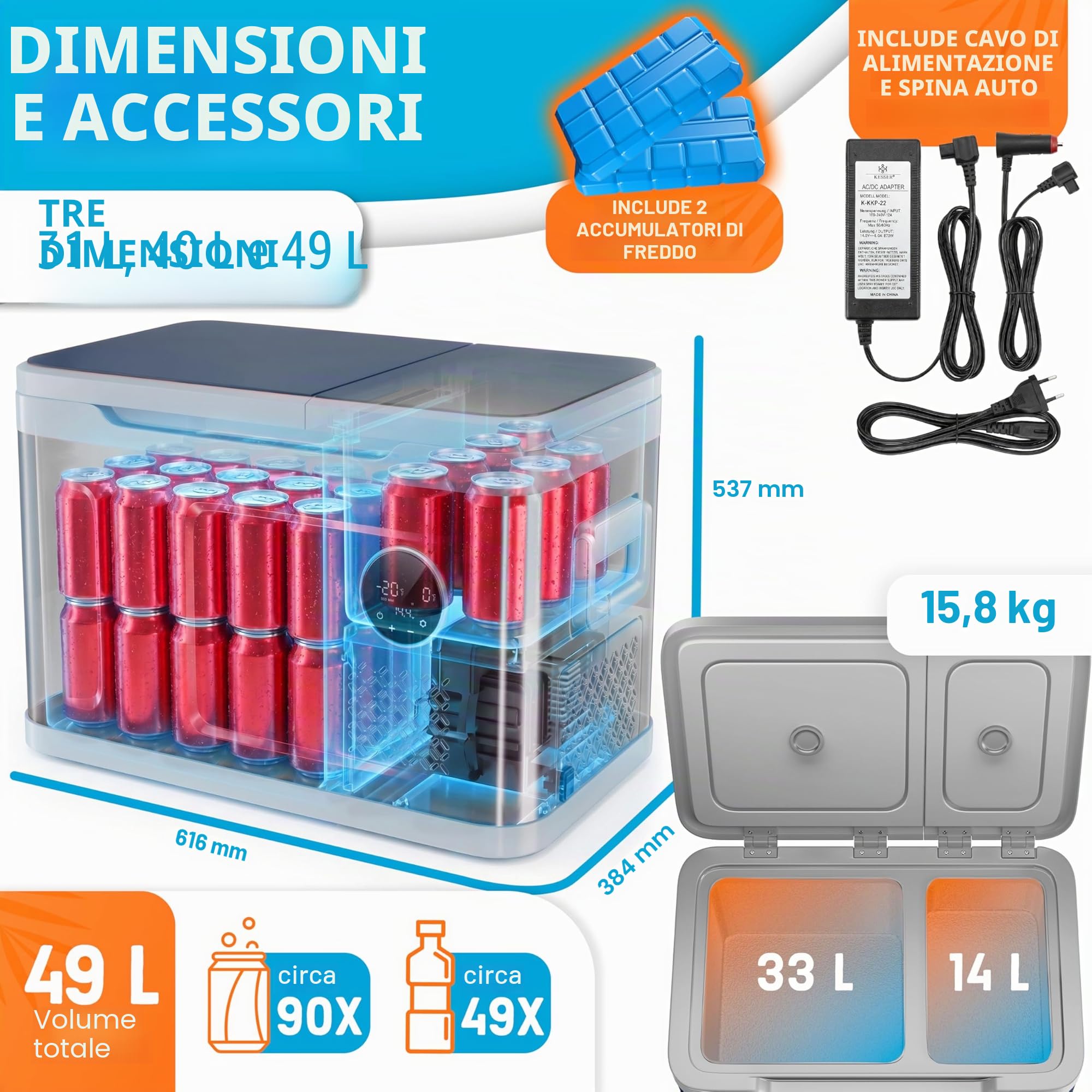 KESSER® Compressore frigorifero 2 in 1 doppia zona di raffreddamento e congelatore da 49 litri, congelatore elettrico con 2 batterie di raffreddamento e funzionamento touch LED, frigorifero fino a -20