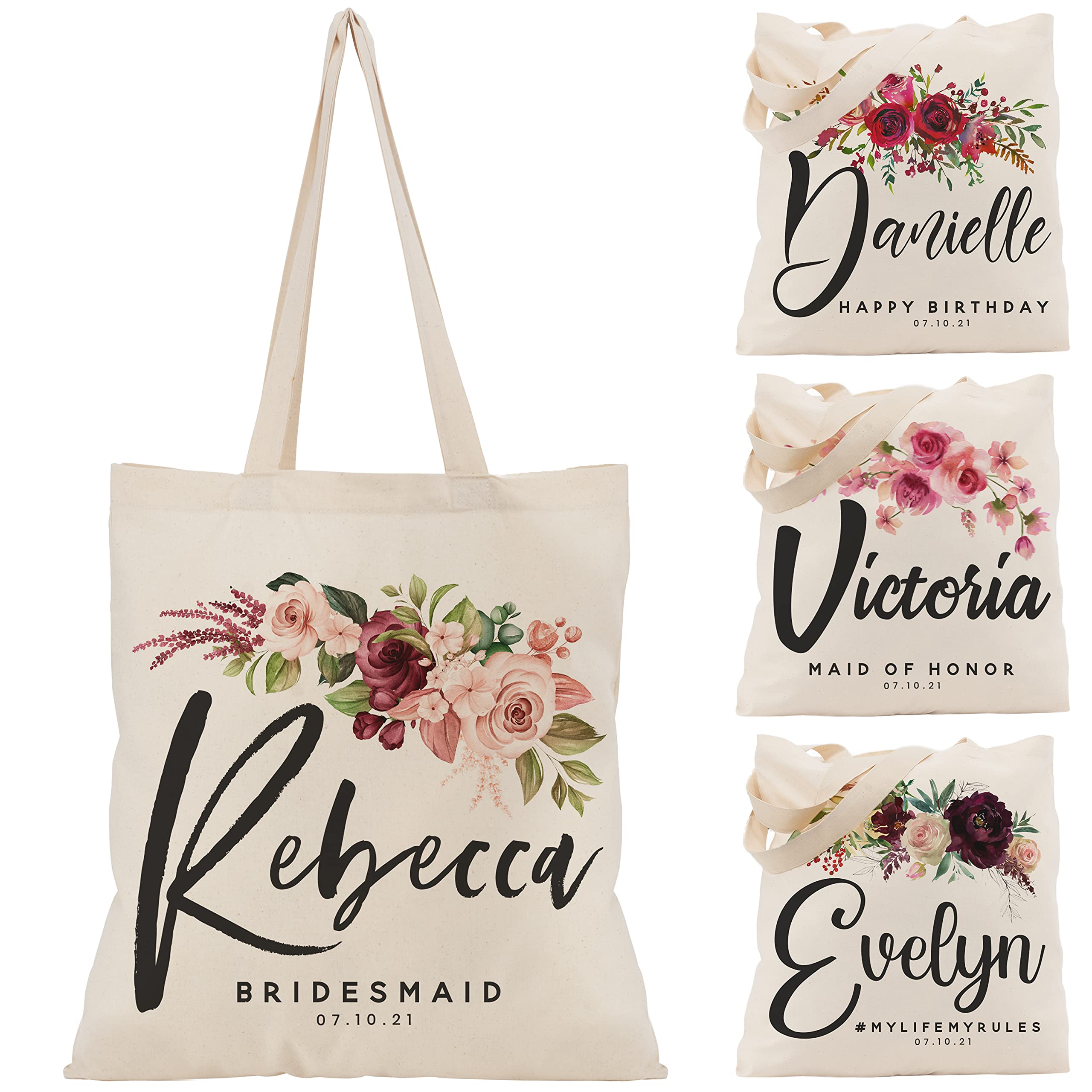 Personalized Wedding Tote Bags Gift for Bride Bridesmaid Women w/Name Text Date - Customized Floral Beach/Travel Canvas Bag - Custom Bridal Shower Bachelorette Party Accessories - Christmas c1 (Single)