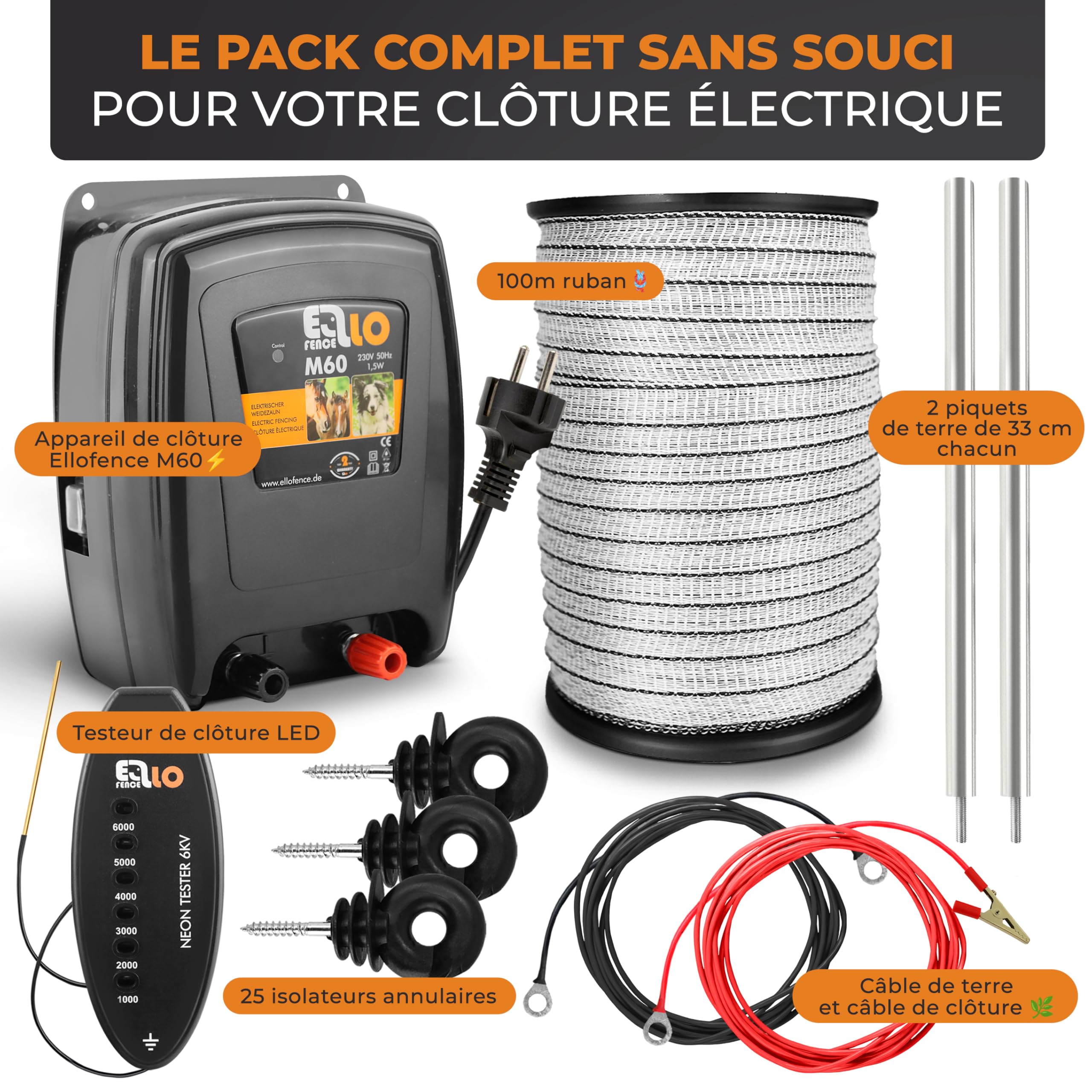 Kit de démarrage clôture électrique M – Électrificateur puissant avec ruban 200 m, 10 piquets, isolateurs à anneau & mise à la terre – Kit complet pour chiens, chats & petits animaux