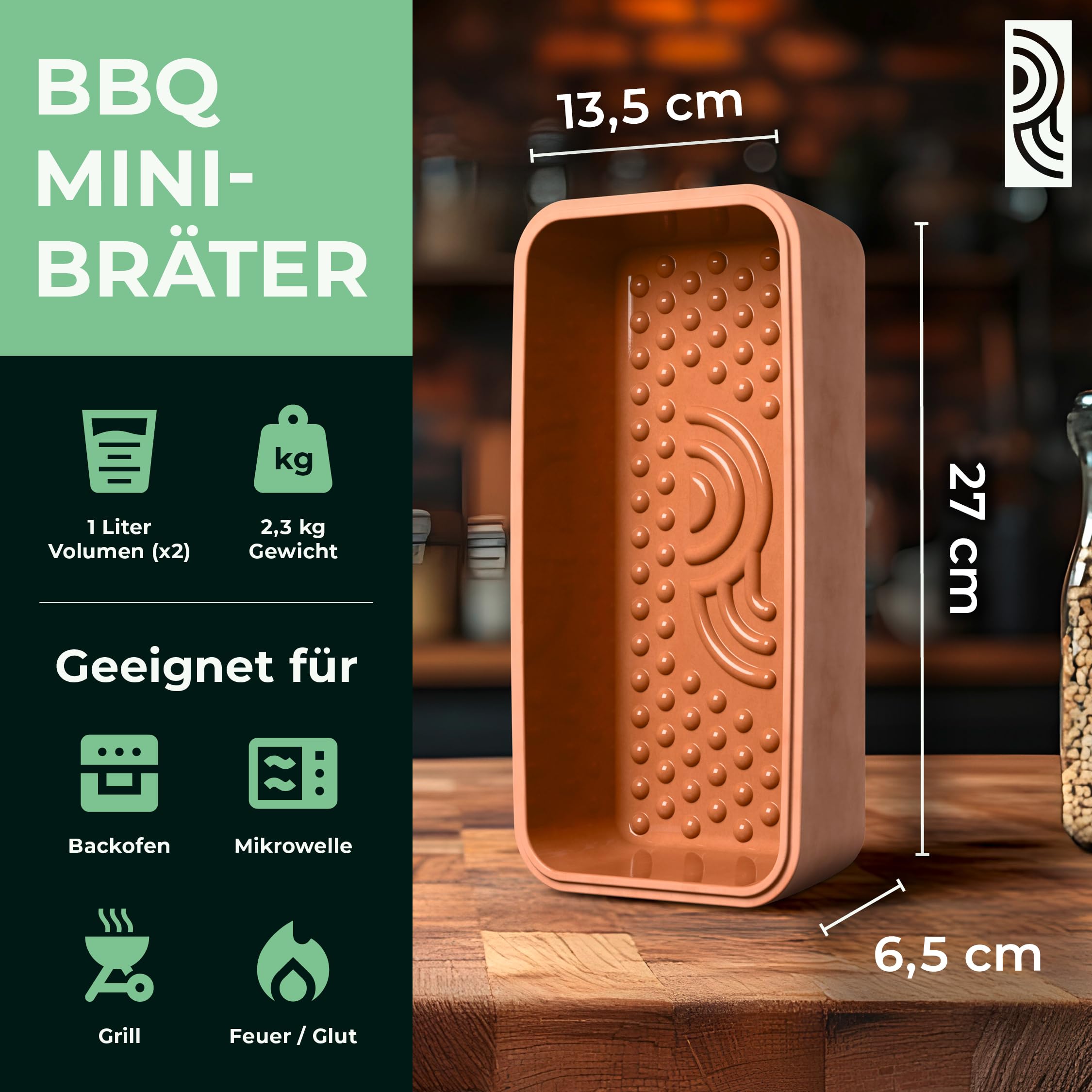 myromy® 2 Stück – Brick BBQ Mini-Bräter aus Keramik – Bräter, Dampfgarer, Schmortopf mit Aroma-Noppen – Grillschale & Auflaufform für Grill, Backofen & Mikrowelle – Brotbacktopf, spülmaschinengeeignet