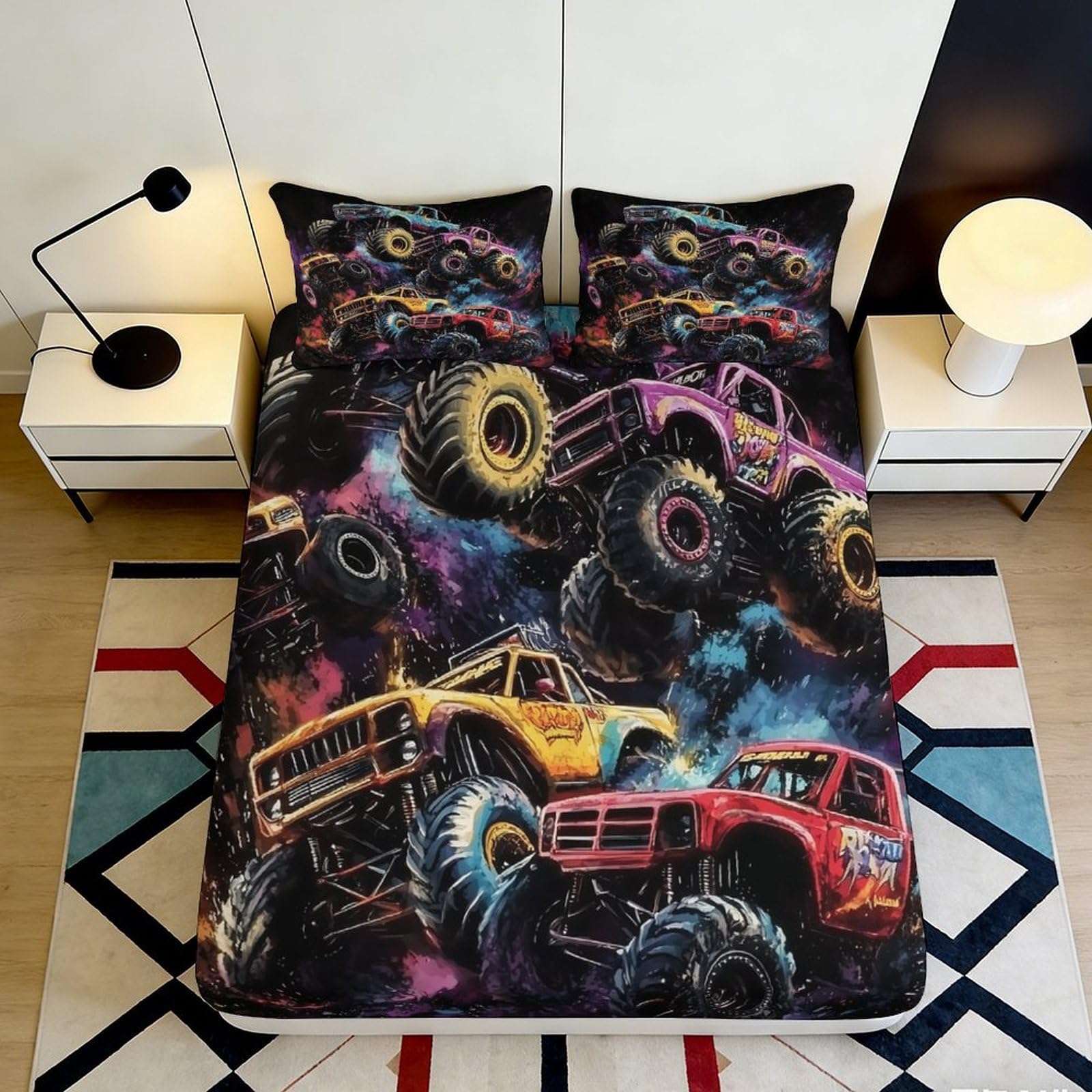 3D Printed Monster Truck Fitted Sheet Microfiber Durable Vibrant 3D Printed Racing Bed Cover for Bedroom Dorm Dormitory Easy Care Mattress Protection 180x200x25cm
