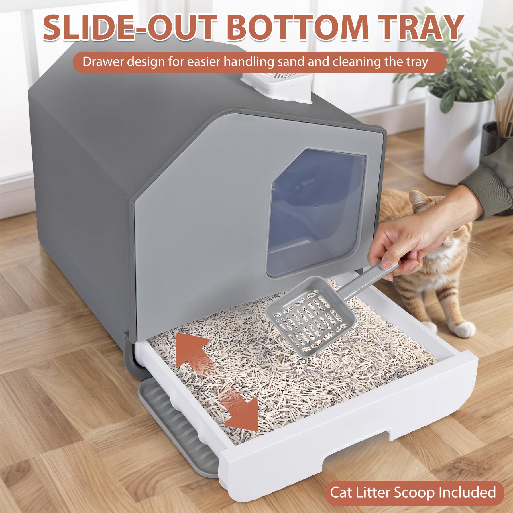 Caja de arena cerrada extra grande para gatos con alfombrilla y cuchara de arena, inodoro para gatos sin olor, antisalpicaduras, bandeja de arena cubierta con capucha para gatos
