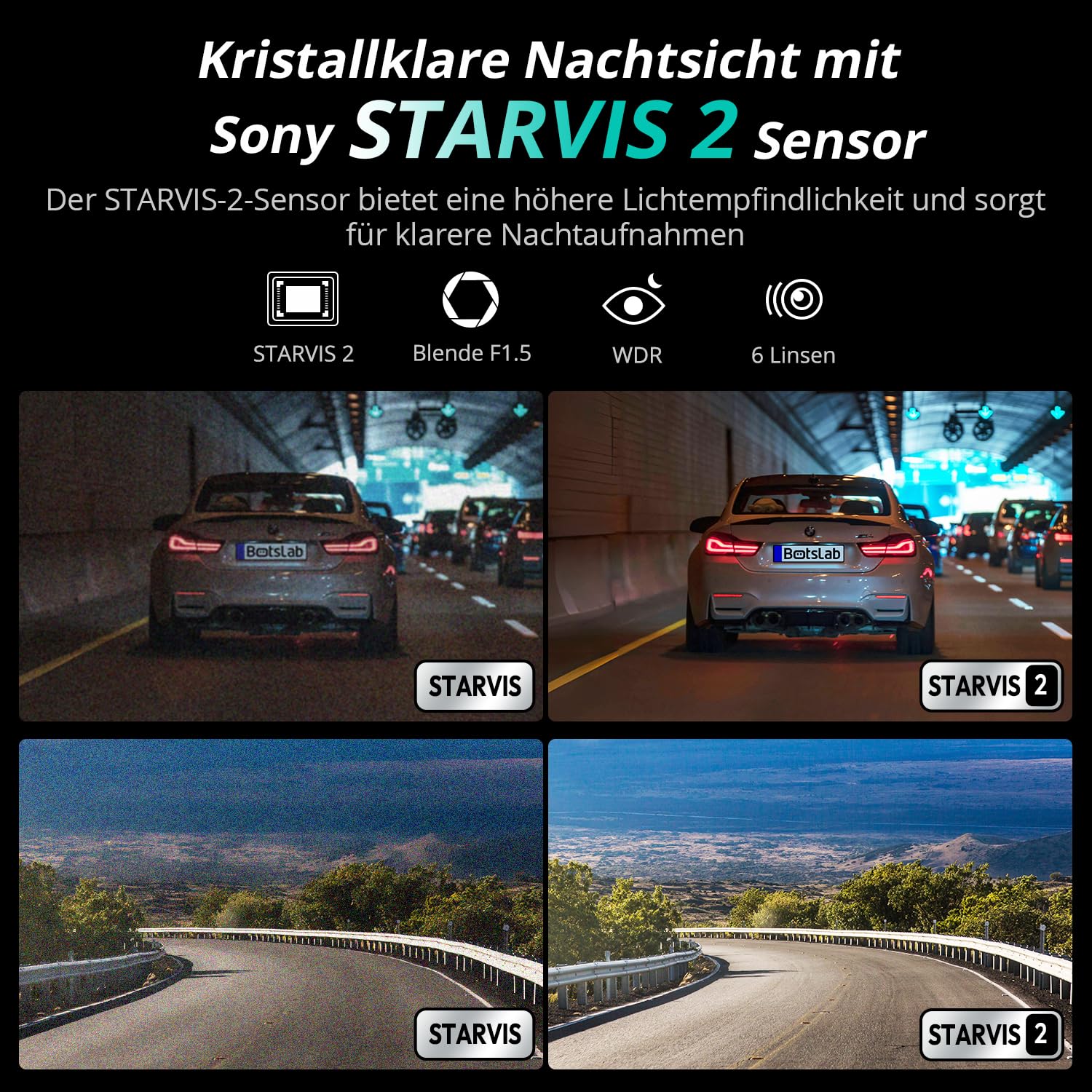 BOTSLAB 4K Dashcam Auto Vorne Hinten mit STARVIS 2 Sensor, WDR Dual-Kanal, 64GB SD-Karte, Super Nachtsicht, Sprachsteuerung, 5,8GHz Wi-Fi, GPS, bis 256GB