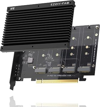 EZDIY-FAB Quad M.2 PCIe 4.0/3.0 X16 Expansion Cad with Heatsink, Support 4 x PCIe NVME M.2 SSD, RAID-on-CPU VROC in Intel Platform and PCIe 4.0 RAID in AMD Platform, M/B PCIe Bifurcatin is Required
