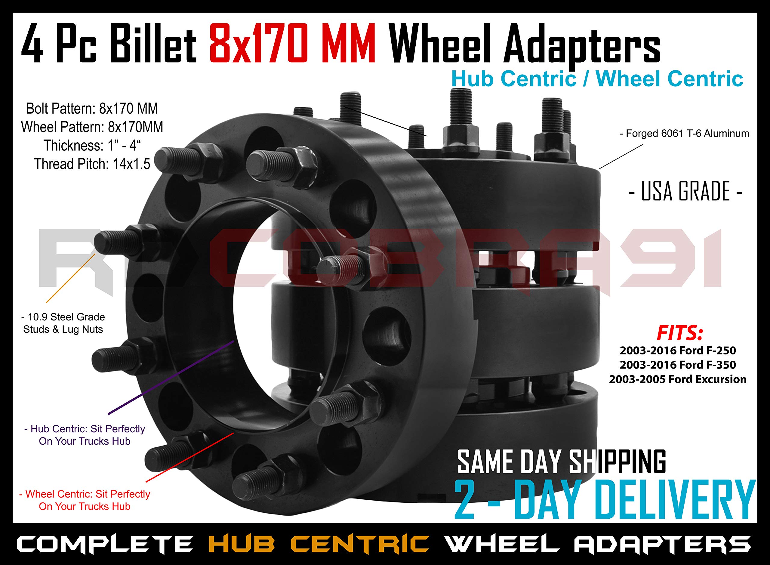 Rdcobra91 4 Pc 8x170 Wheel Adapters Hub Centric Front & Rear 125 Hub Bore 14x1.5 Fine Thread Fits 2003-2016 F-250 F-350 (2.5 Inches)