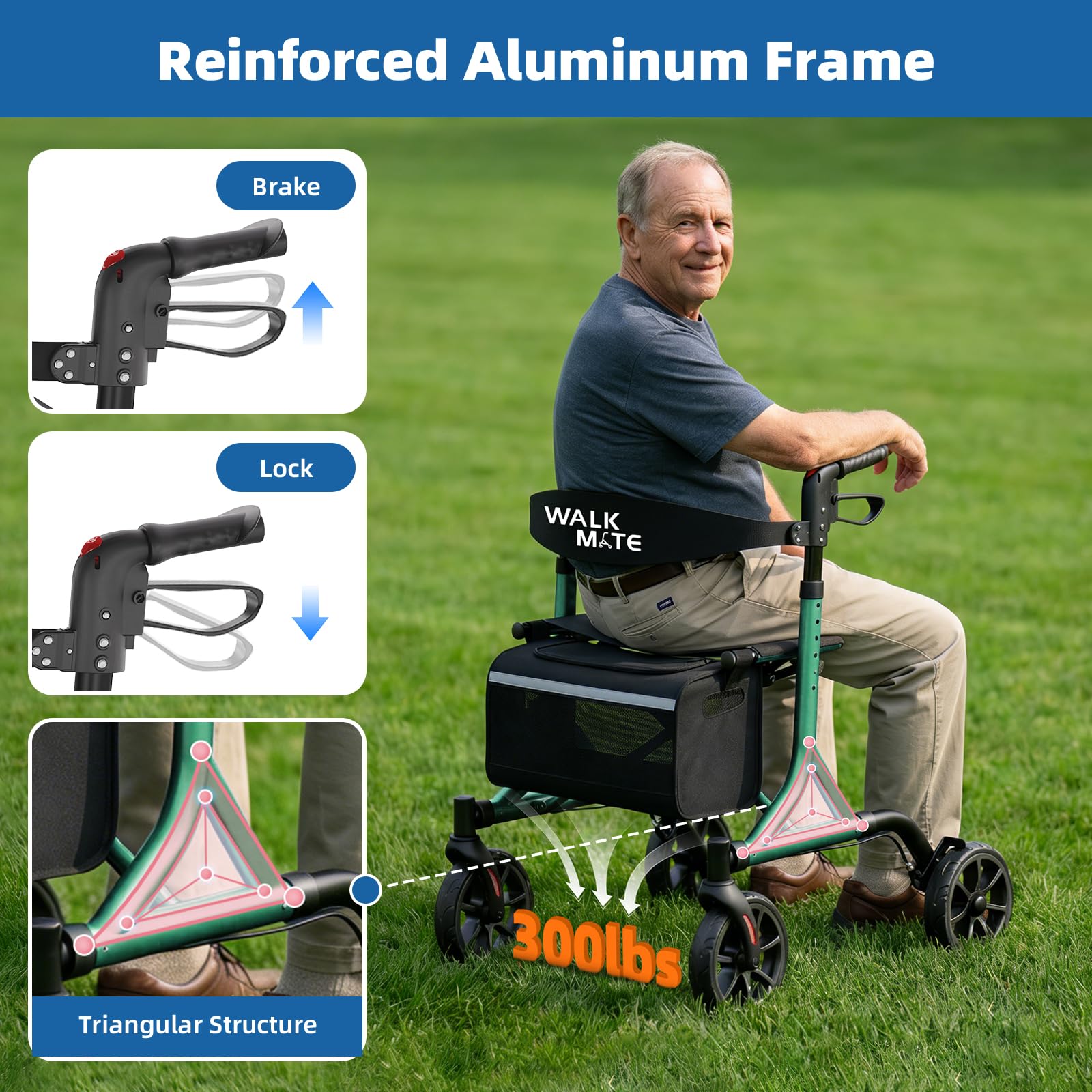 WALK MATE Andador con ruedas para personas mayores con soporte para tazas, botón mejorado para ajuste de altura, ruedas de 4 x 8 pulgadas con respaldo acolchado, plegable, ligero, ayuda para caminar,