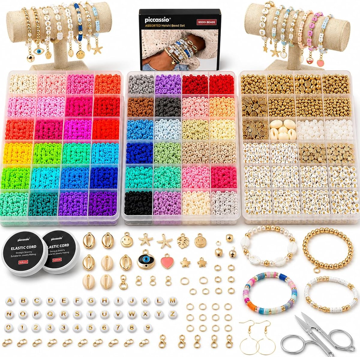 Kit para hacer pulseras con cuentas de arcilla: más de 10,500 cuentas Heishi en 48 colores Kit de joyería DIY con dijes, letras, conchas y herramientas, perfecto para niñas, adolescentes y adultos creativos