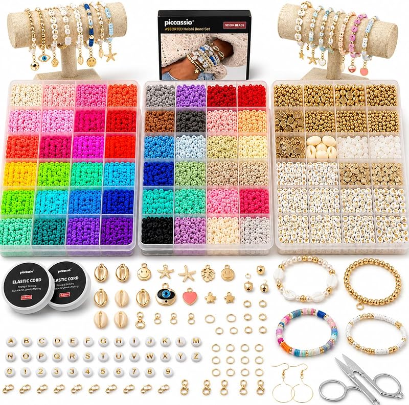 Kit para hacer pulseras con cuentas de arcilla: más de 10,500 cuentas Heishi en 48 colores Kit de joyería DIY con dijes, letras, conchas y herramientas, perfecto para niñas, adolescentes y adultos creativos