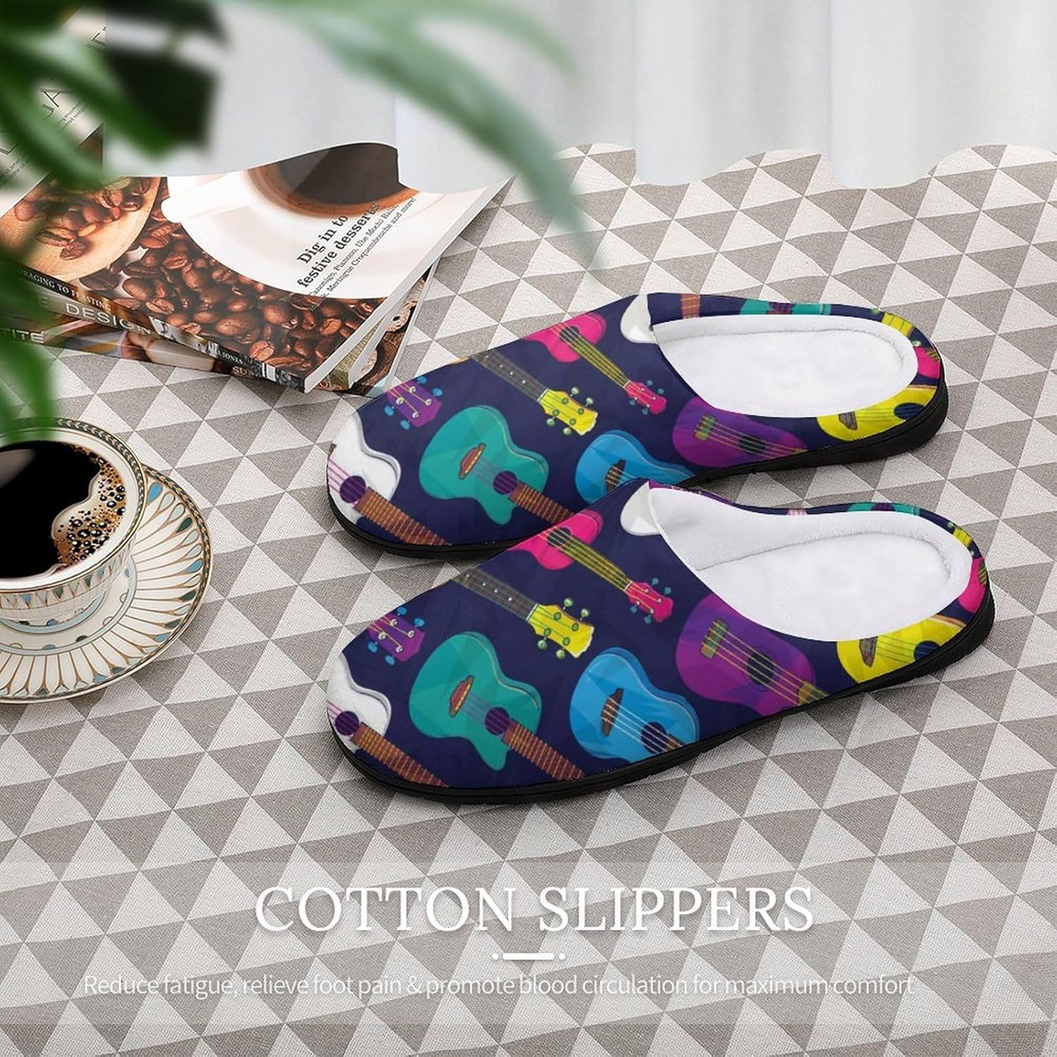 Colorful Hawaiian Ukulele Women's House Slippers Memory Foam Warm Shoes Spa Rubber Sole Indoor Outdoor