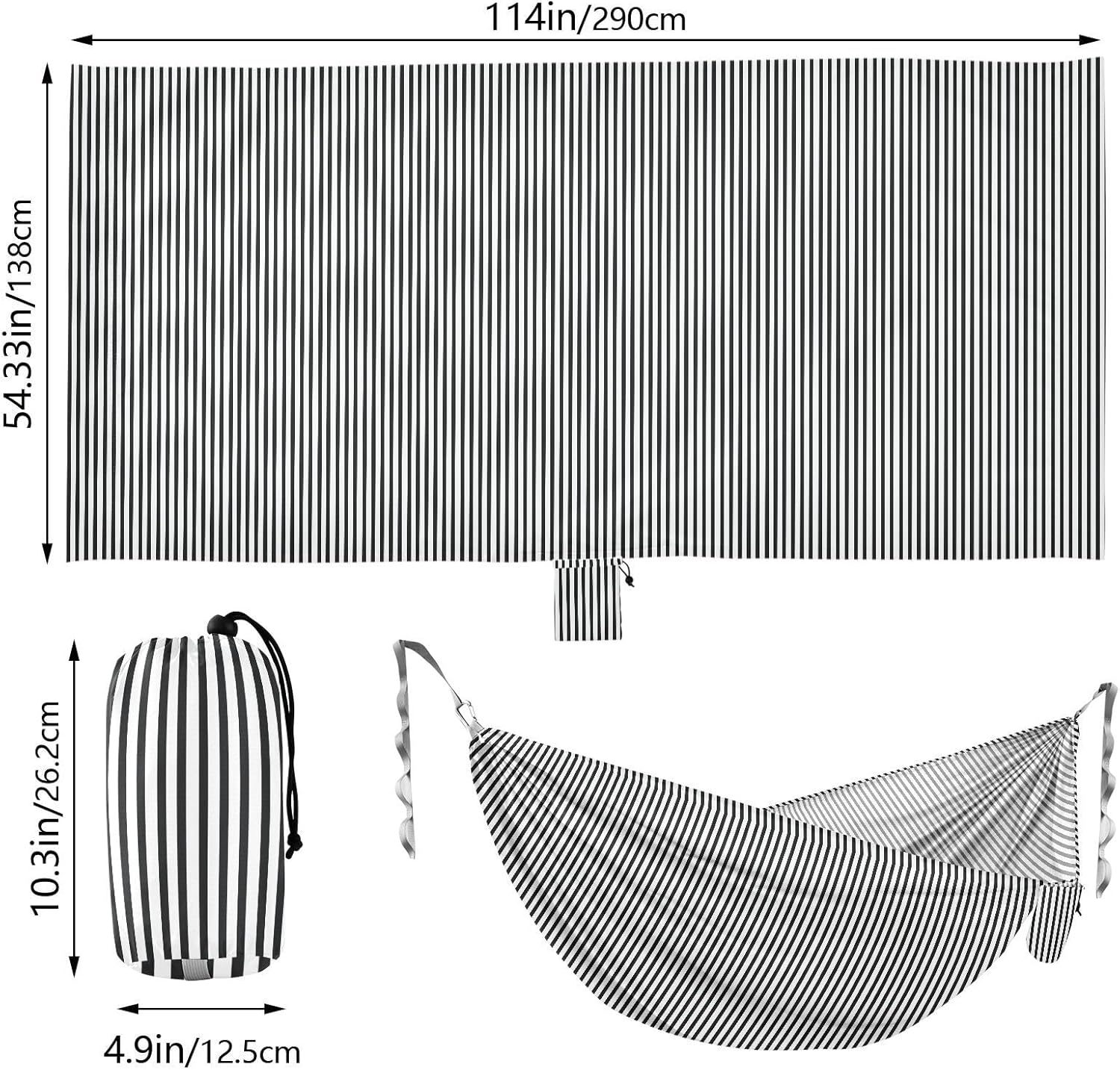 ALAZA Black & White Stripes Camping Hammocks Single or 2 Person 500 lbs Portable Parachute Travel Hammock w/Tree Straps for Hiking Backpacking Indoor Outdoor