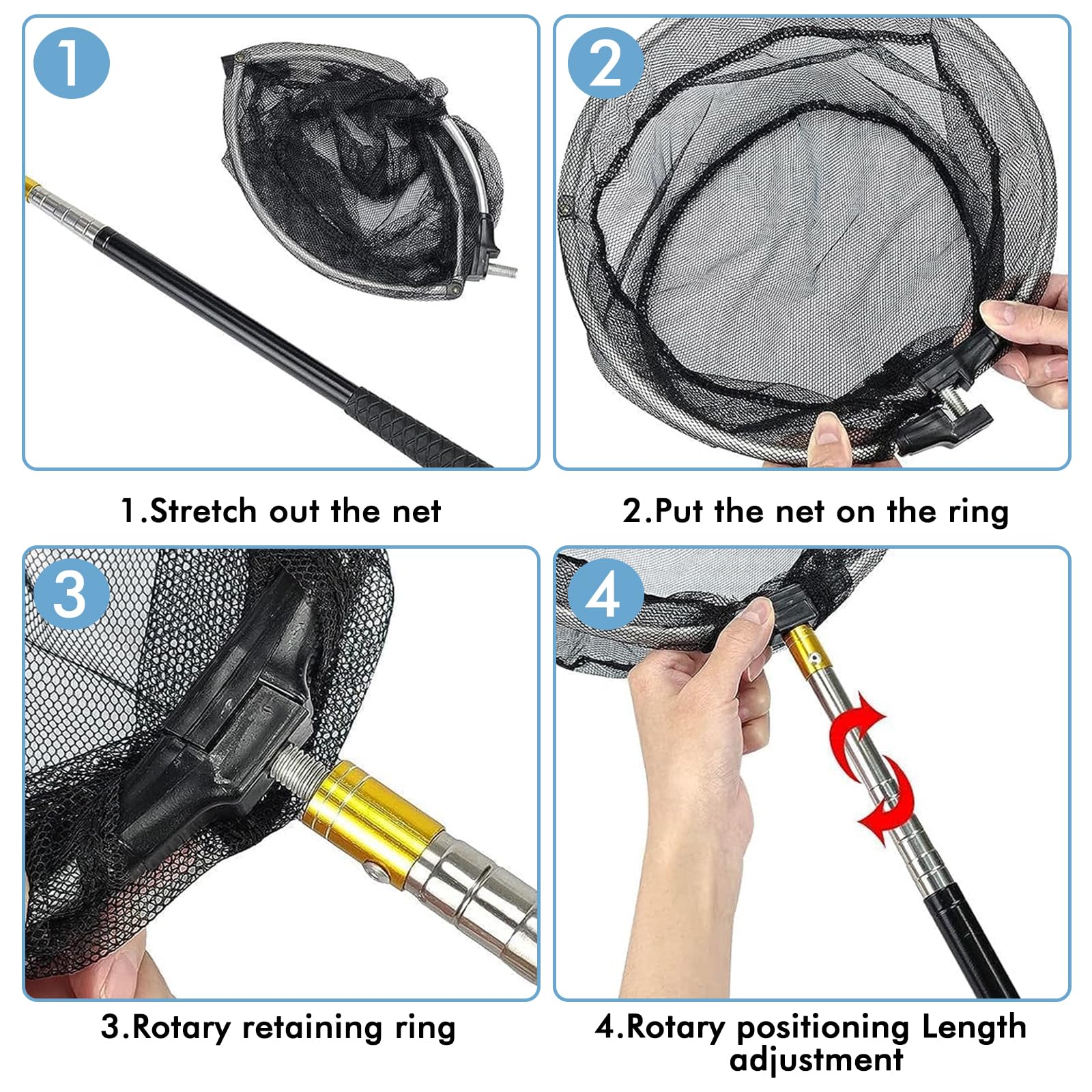 Set di 2 reti da pesca telescopiche, con rete da pesca pieghevole, 150 cm, accessorio da pesca all'aperto, per bambini e adulti