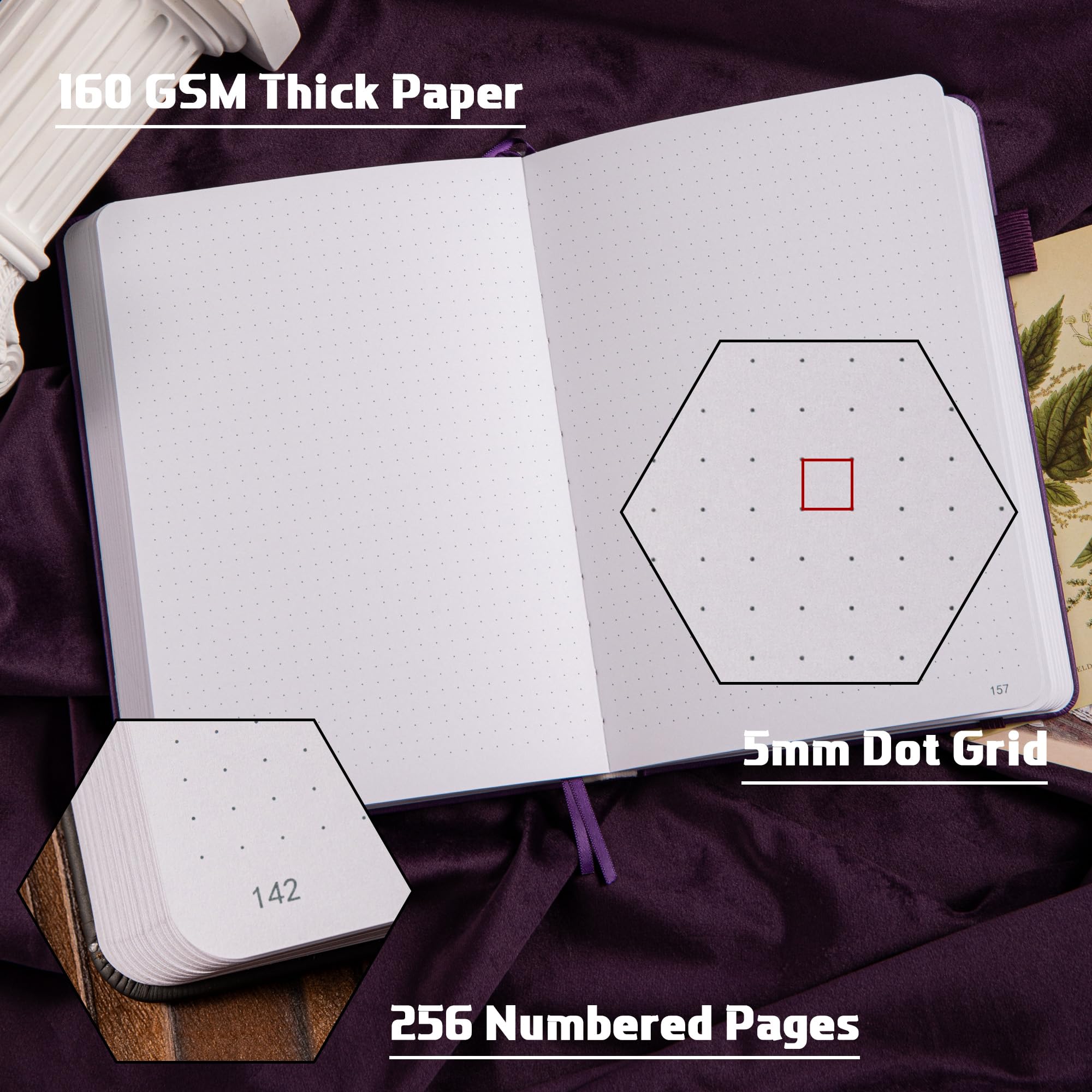 TIEFOSSI Cuaderno Bullet Dotted Journal, papel grueso numerado de 160 g/m², cuaderno de cuadrícula de puntos de tapa dura A5 para mujeres, hombres, trabajo, escritura, Bullet Journaling, dibujo