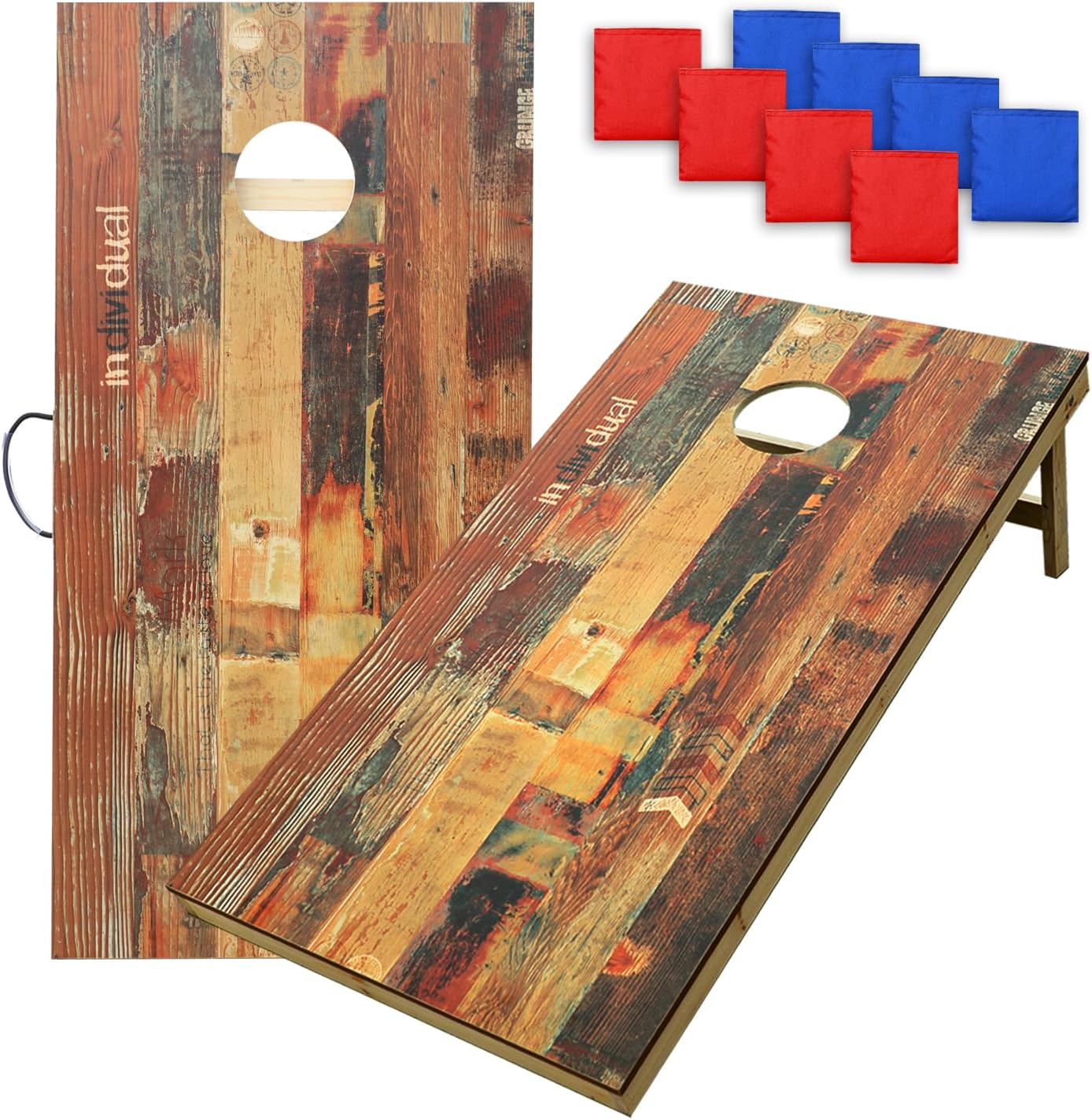 UKASE Solid Wood Regulation Size Cornhole Set Portable Bean Bags Toss Game with Durable Wood Grain Printed Surface and Underneath for Indoor and Outdoor