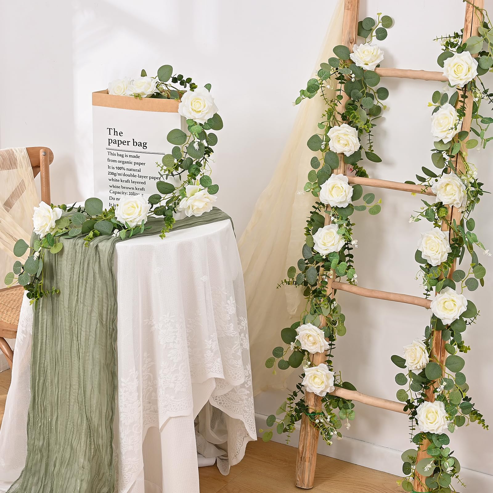 Livole Ghirlanda di fiori di eucalipto artificiale in seta artificiale, rampicante da appendere, per matrimoni, centrotavola, feste, archi, cerimonie, ghirlande, sfondo, decorazione (bianco)