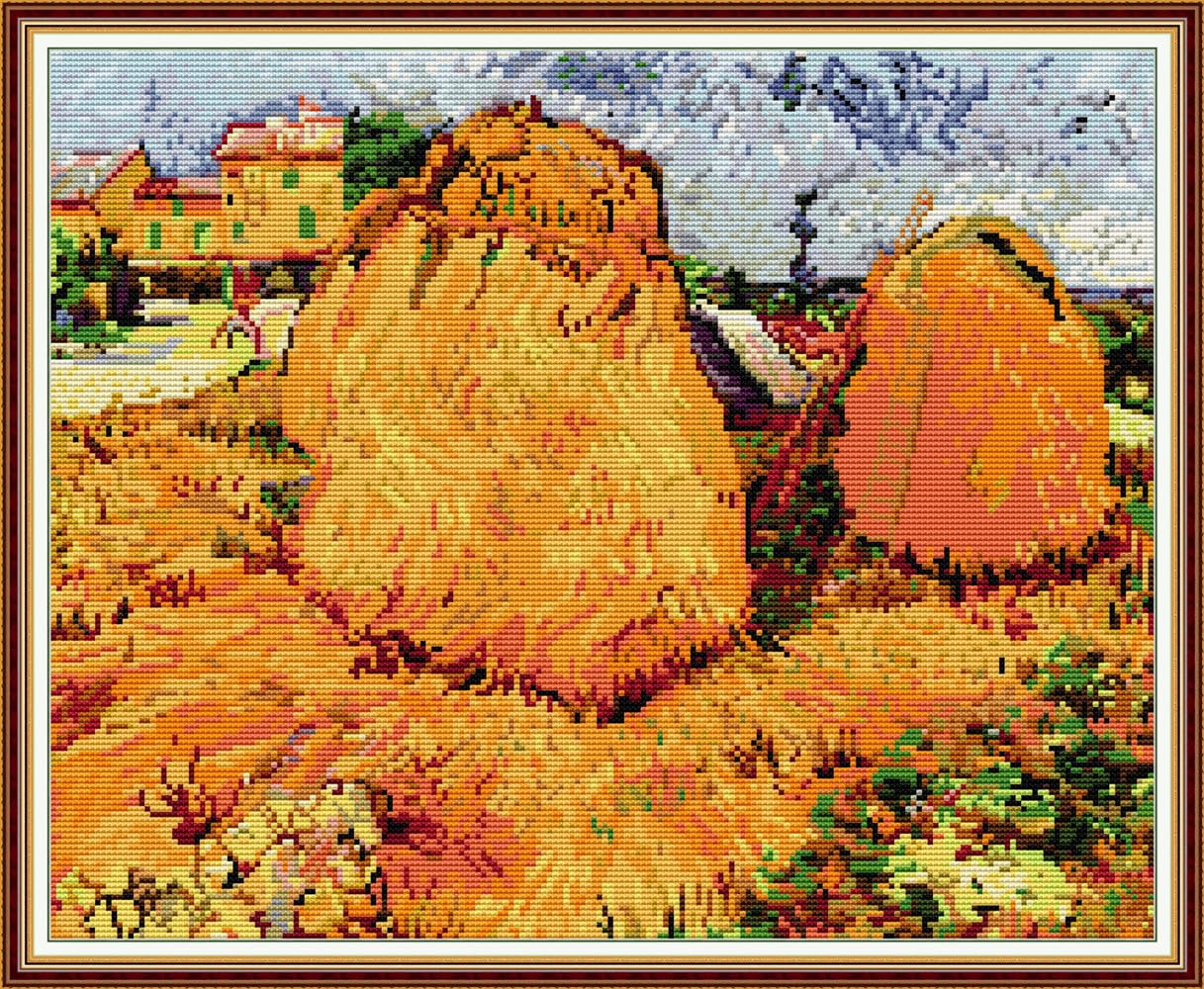 YEESAM Art Cross Stitch Kits for Adults Beginners Haystacks in Provence Pre Printed 14ct, DIY Stamped Embroidery Starter Kit Easy Sewing Set Home Decor