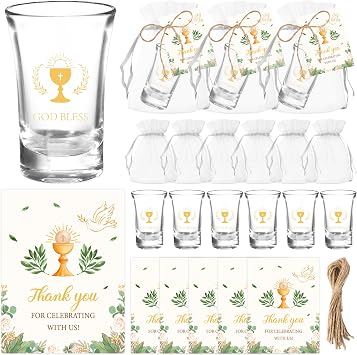 CJiangpo First Communion Favors Shot Glasses - 25 Set God Bless Shot Glasses with Thank You Card Organza Bag Cross Baptism Favors for Guests First Communion Christening Gifts Baby Shower Decorations