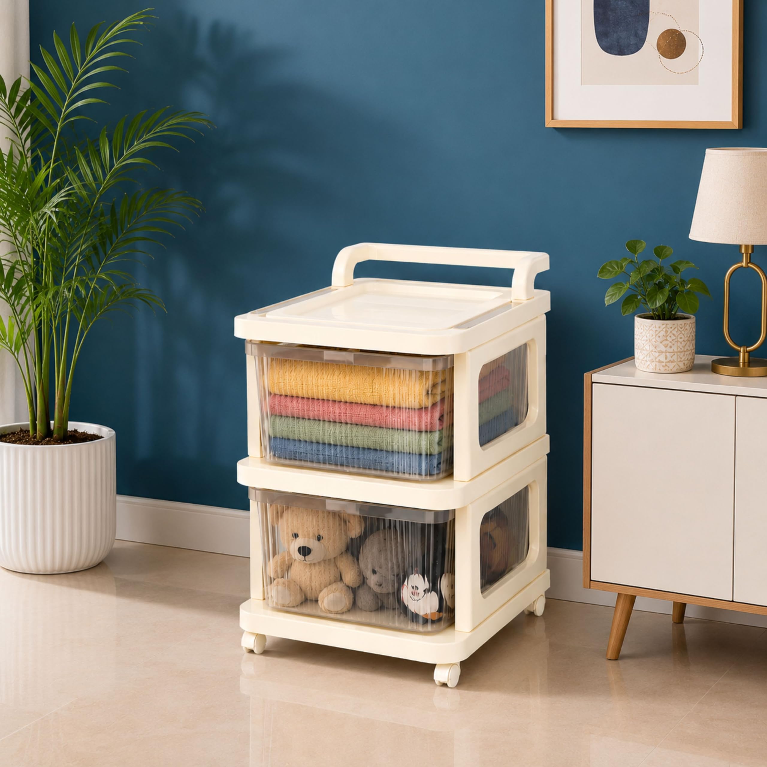 2 Layer Plastic Modular Storage Drawer Organizer with Wheels | Chest of Drawer Storage Box for Living Room, Office, School and Home | Toys Organiser for Kids Room | Transparent Ivory-picture-20