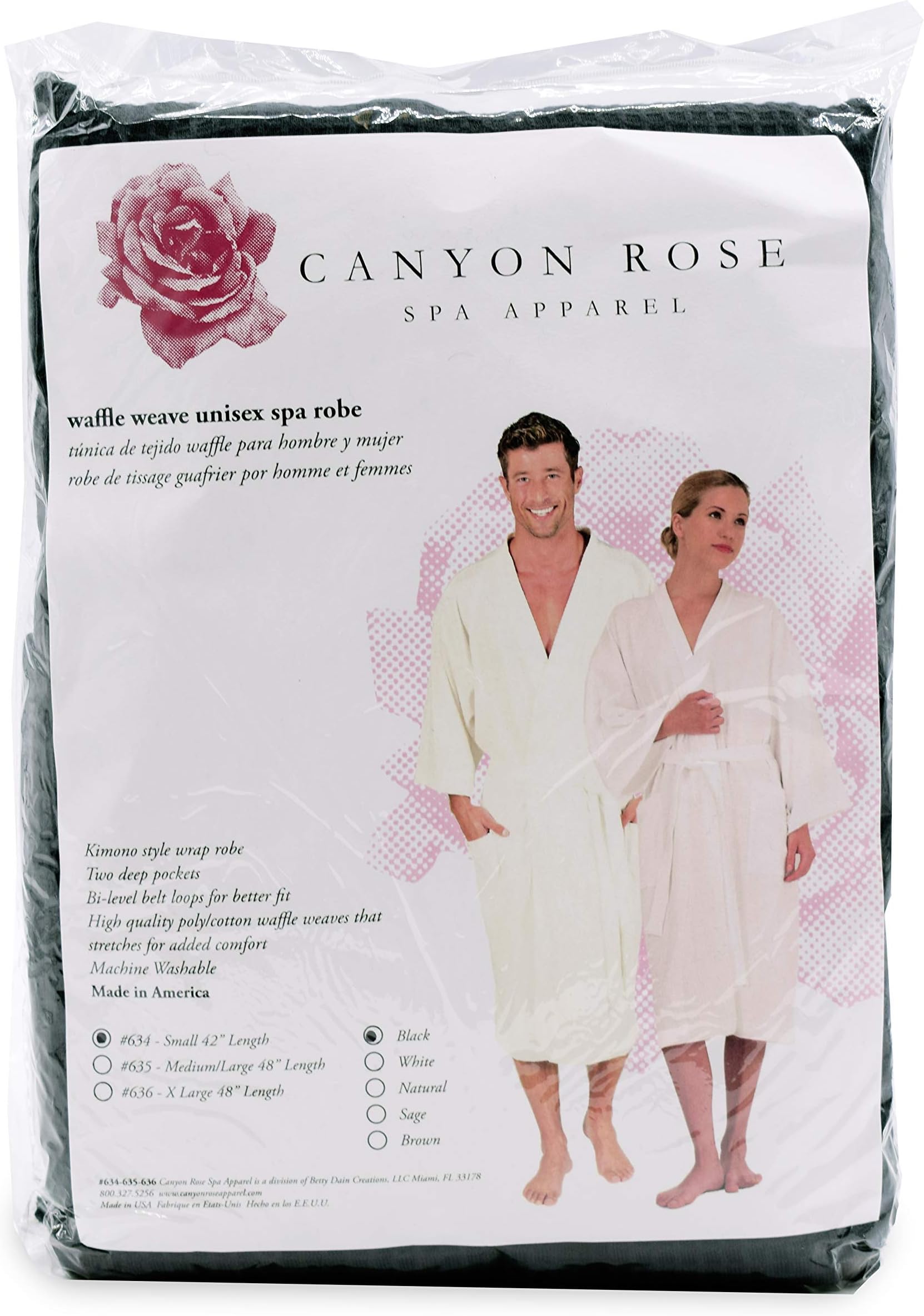 Canyon RoseUnisex Waffle Weave Spa Robe, Kimono Style Wrap, Luxurious Waffle Weave Knit, Side Pockets, Waist Belt with Bi-level Belt Loops, Machine Washable, Black, S
