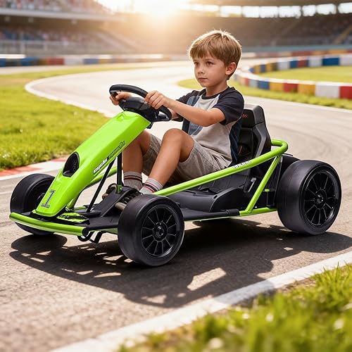 24V 8.1 MPH Electric Go Kart for Kids 8-14 Years, 300w*2 Extra Powerful Motors, Max Load 180Lbs Outdoor Ride on Toy for Teens, Music, Drifting Tires& Spacious Seat, Green