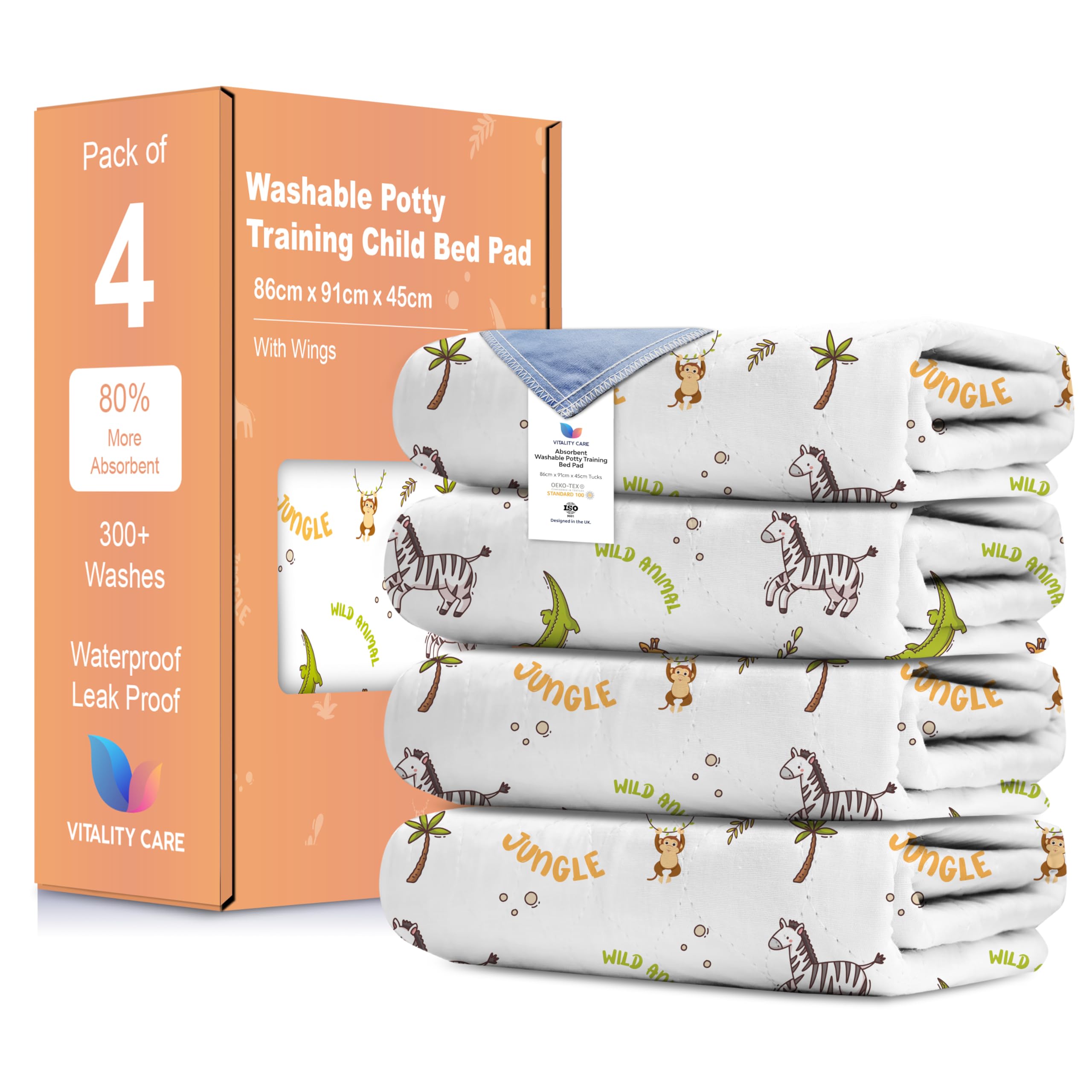 Vitality Care Animal Print Potty Training Bed Pads, 100% Waterproof Mattress Protector With Tuck-In Flaps, Non-Slip Bed Wetting Sheet For Single Toddler Beds, 86 X 91 Cm