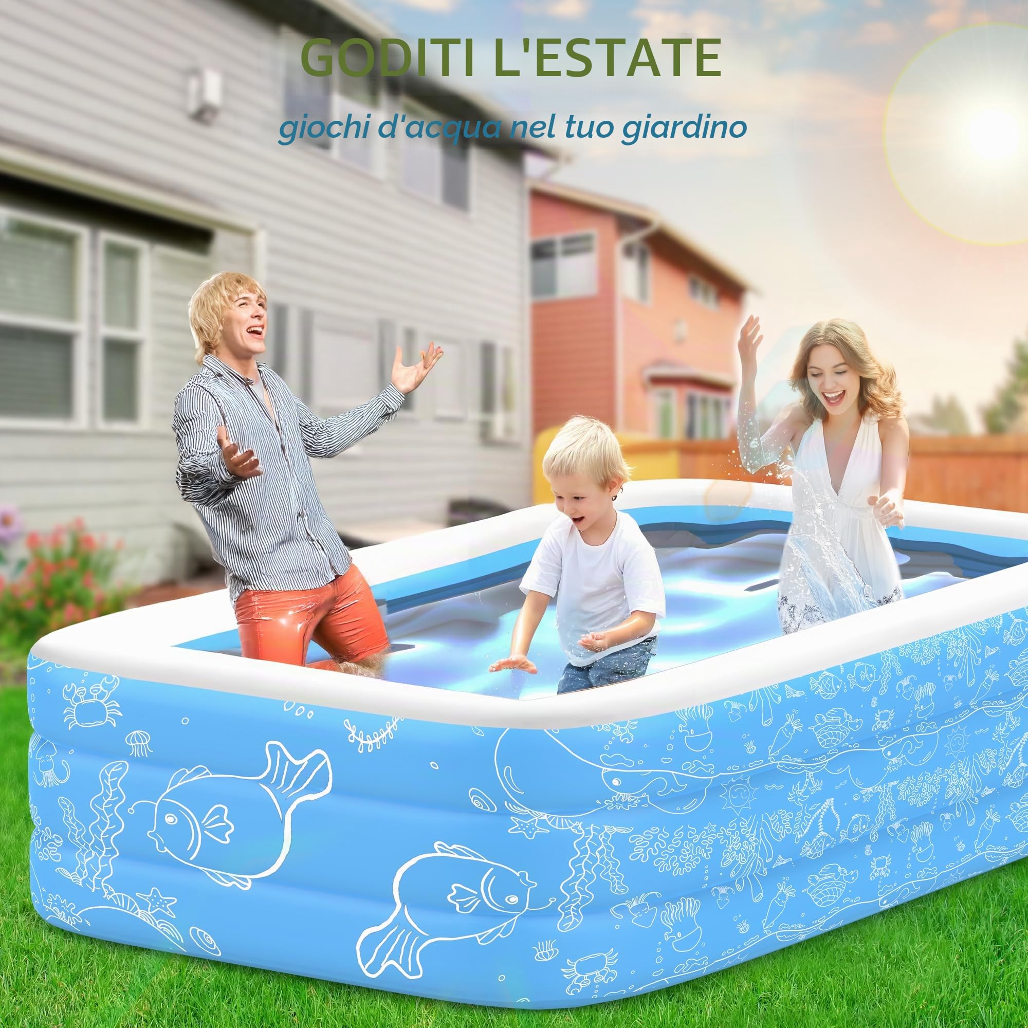 CACSPS Piscina Gonfiabile, 300 x 165 x 56 cm, Grande Piscina Gonfiabile per Bambini e Adulti, Piscina Familiare Durevole per il Tempo Libero, Piscina per Bambini per Giardino, Cortile o Interno