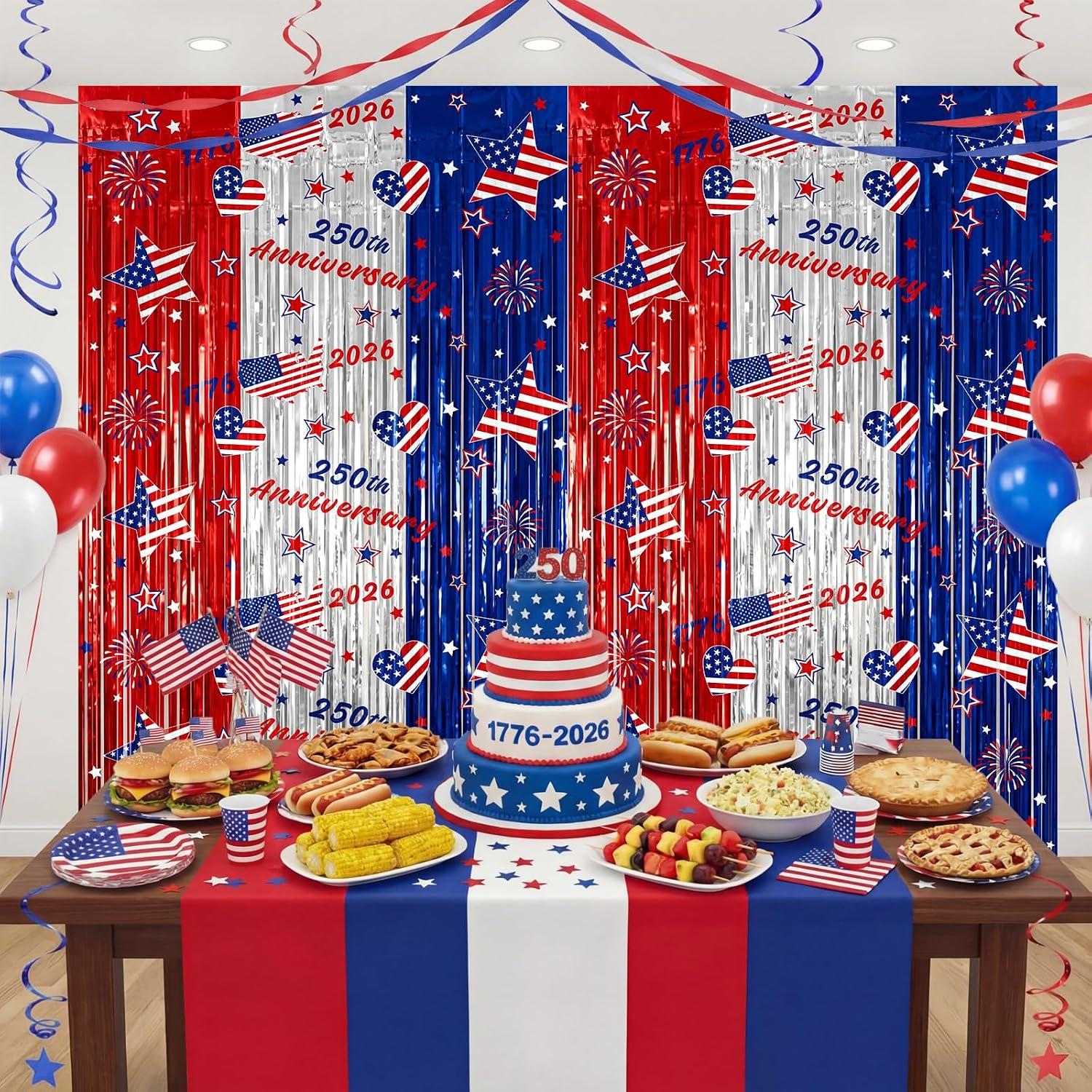 Chumia 2 Pcs 250th Anniversary Foil Fringe Curtains Decoration 4th of July Tinsel Streamer Patriotic Independence Day Decor Supplies Red White and Blue Party Backdrop for 250th Labor Veterans Day