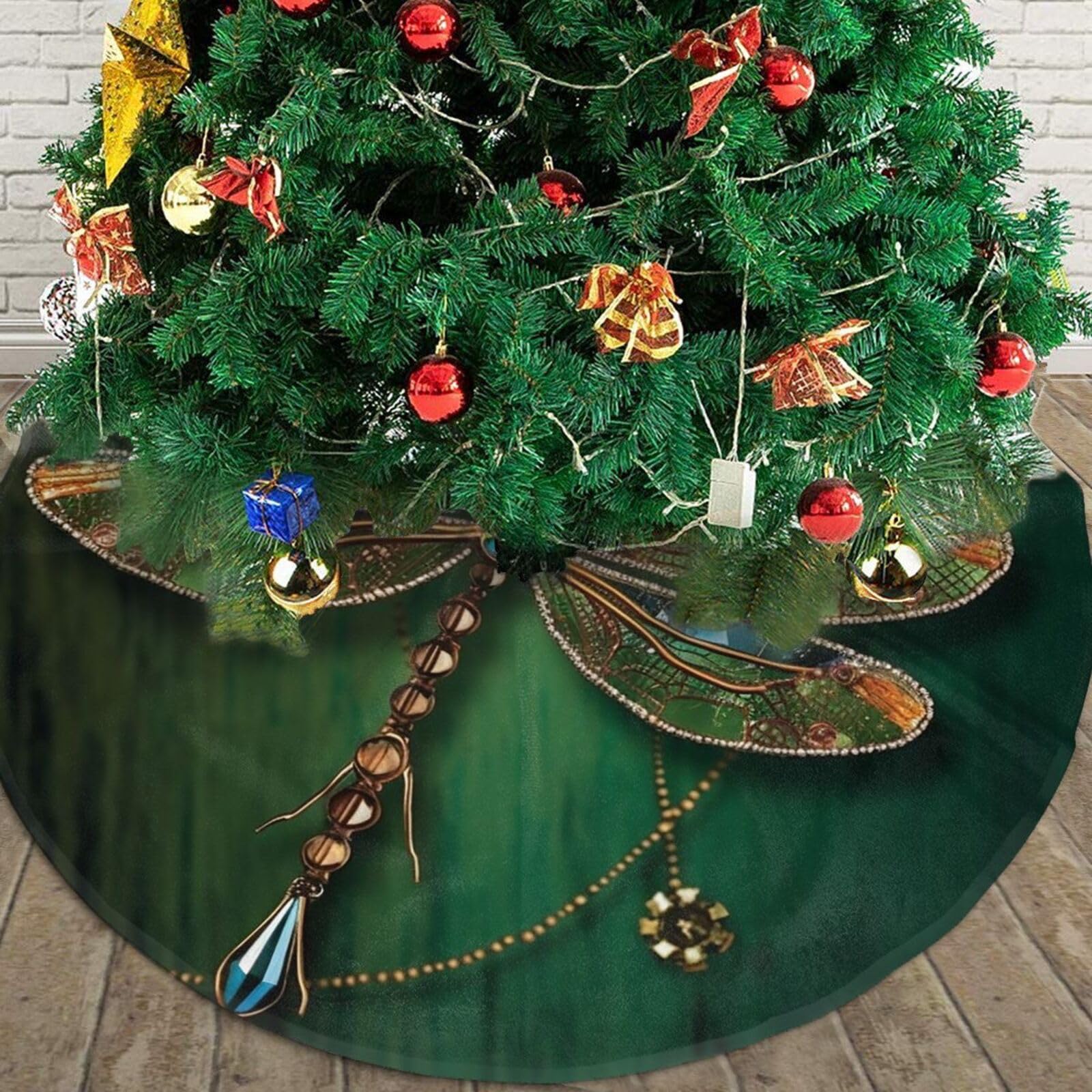 Jewel Dragonfly Christmas Tree Skirt 48" Plush Soft Artificial Tree Mat Cover Merry Christmas Xmas Tree Skirt for Christmas Decoration Holiday Indoor Outdoor Winter Party Decor