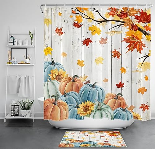 EOBTAIN Juego de cortinas de ducha de calabaza azul otoñal, árbol de arce y girasol en tabla de madera vintage, juego de cortinas de baño de árbol