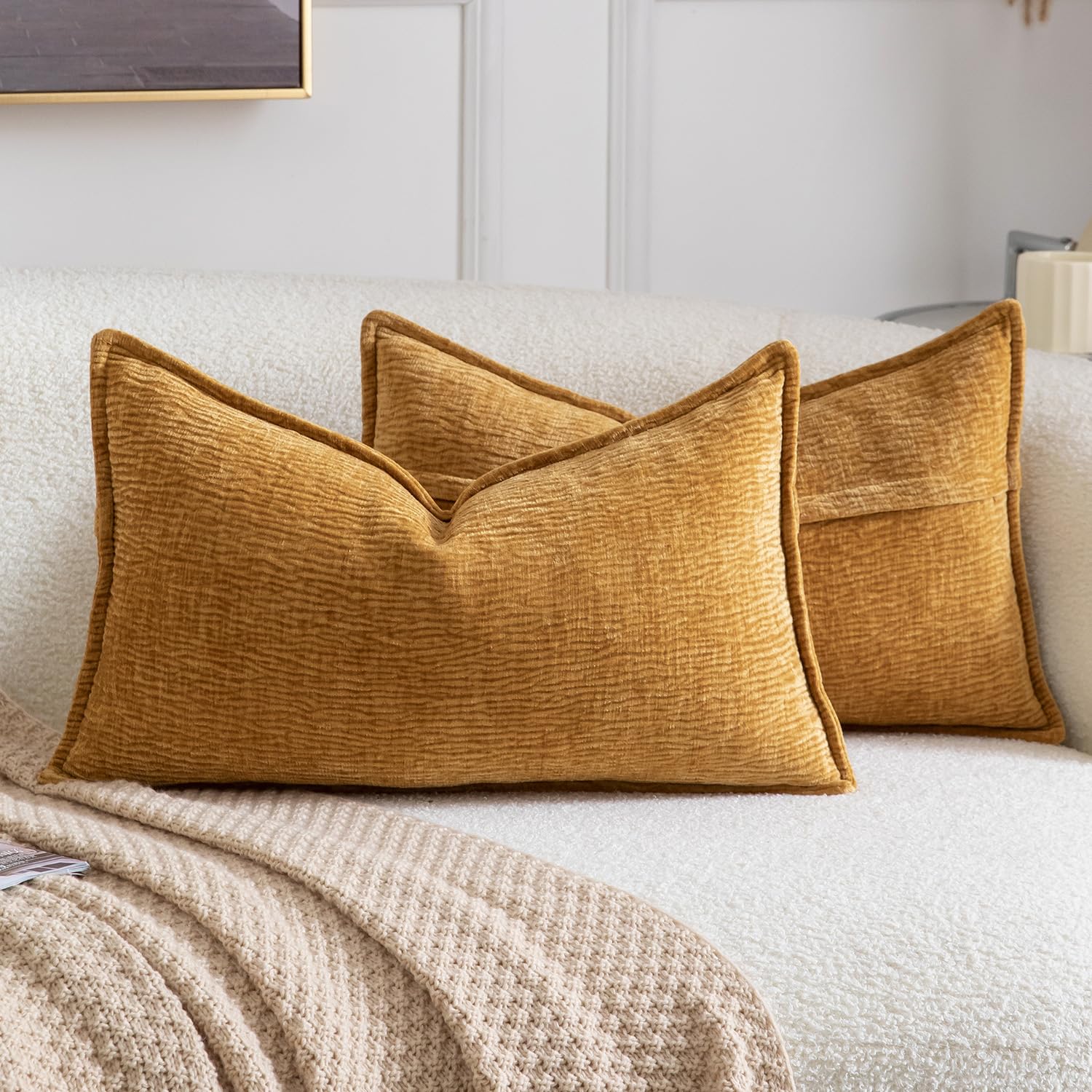 Madizz Pack of 2 Decorative Cushion Covers Soft Chenille Throw Pillows Solid Textured Throw Pillow Covers for Couch Sofa Bedroom Living Room 30x50 CM, Mustard Yellow