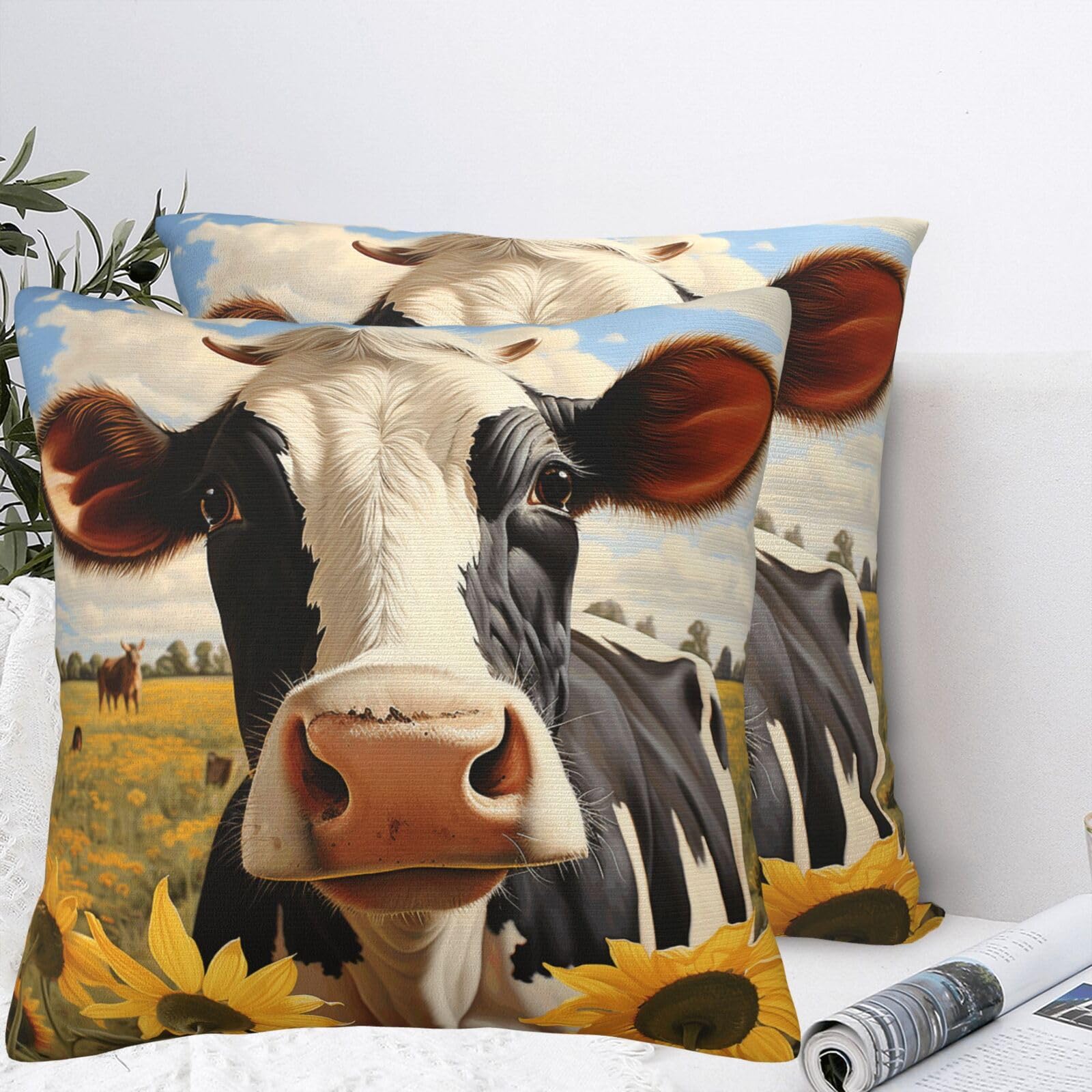 QMKFWT Cow and Sunflower Plush Throw Pillow Covers 24"X24",Soft Cozy Couch Cushion Covers Decorative Pillow Cases for Holiday Home Bedroom Sofa Decors