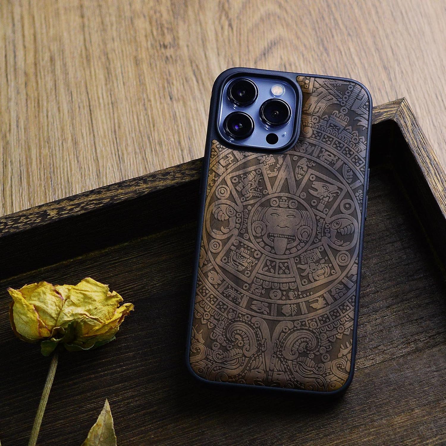Carveit Magnetic Wood Case for iPhone 13 Pro Max [Natural Wood & Black Soft TPU] Unique & Classy Wooden Shockproof Protective Cover Compatible with magsafe (Mayan Symbols -Walnut)