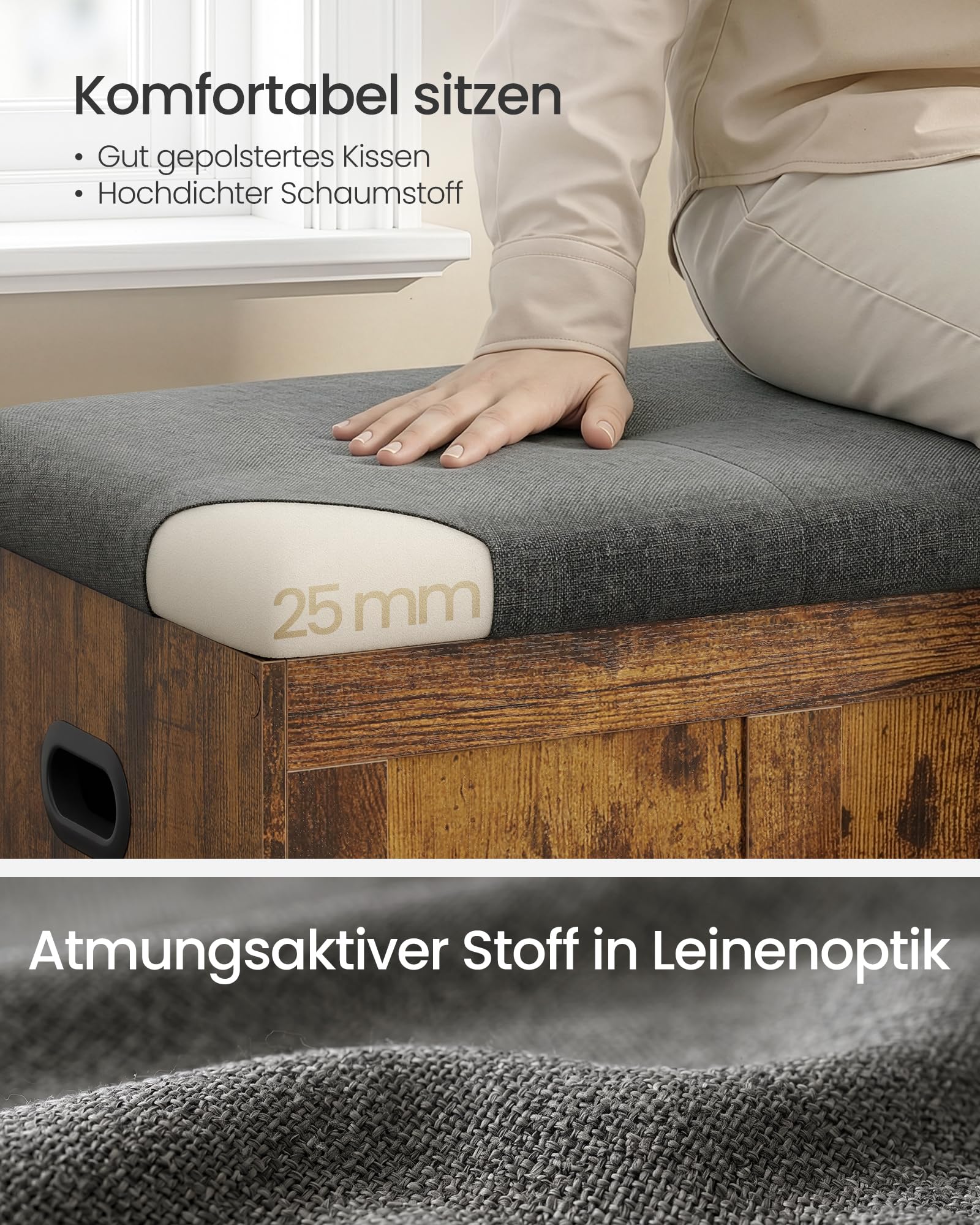 VASAGLE Truhe mit Deckel, Truhenbank mit Stauraum, 2 Sicherheitsscharniere, Schuhbank, Landhausstil, für Flur, Schlafzimmer, Wohnzimmer, 41 x 101 x 49 cm, vintagebraun-schiefergrau LSB068K101