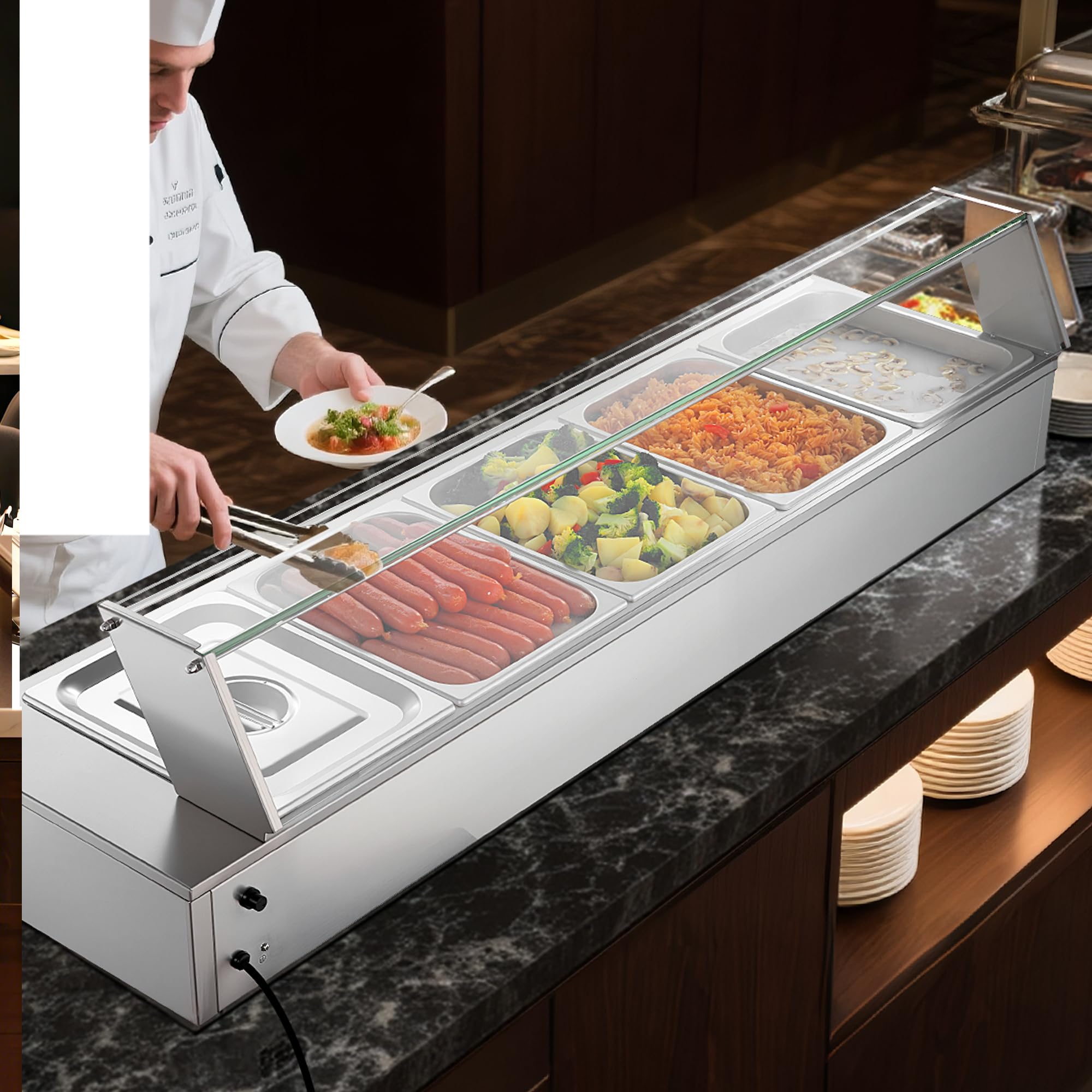 VEVOR Elektryczny podgrzewacz do żywności ze szklaną pokrywką i 5 pojemnikami, 1,5 kW, stal nierdzewna, z łaźnią wodną, do restauracji, na imprezy, bufety, 30-85℃, 1450 x 365 x 335 mm, srebrny