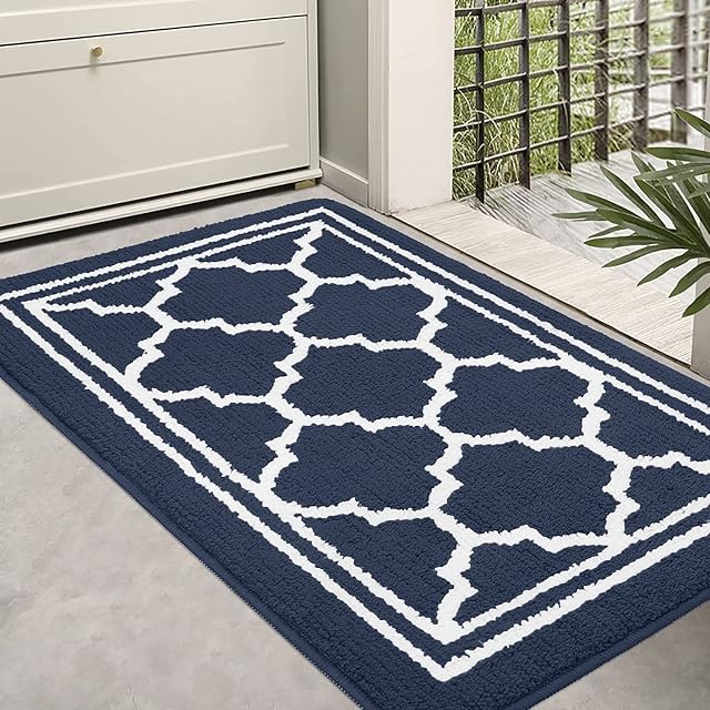 Homaxy Washable Door Mats Indoor, Dirt Trapper Mat Absorbent Non-Slip Low Profile Doormat for Entrance, Inside, Kitchen, Front Back Door, Pets and Dogs 50 x 80 cm, Navy Blue
