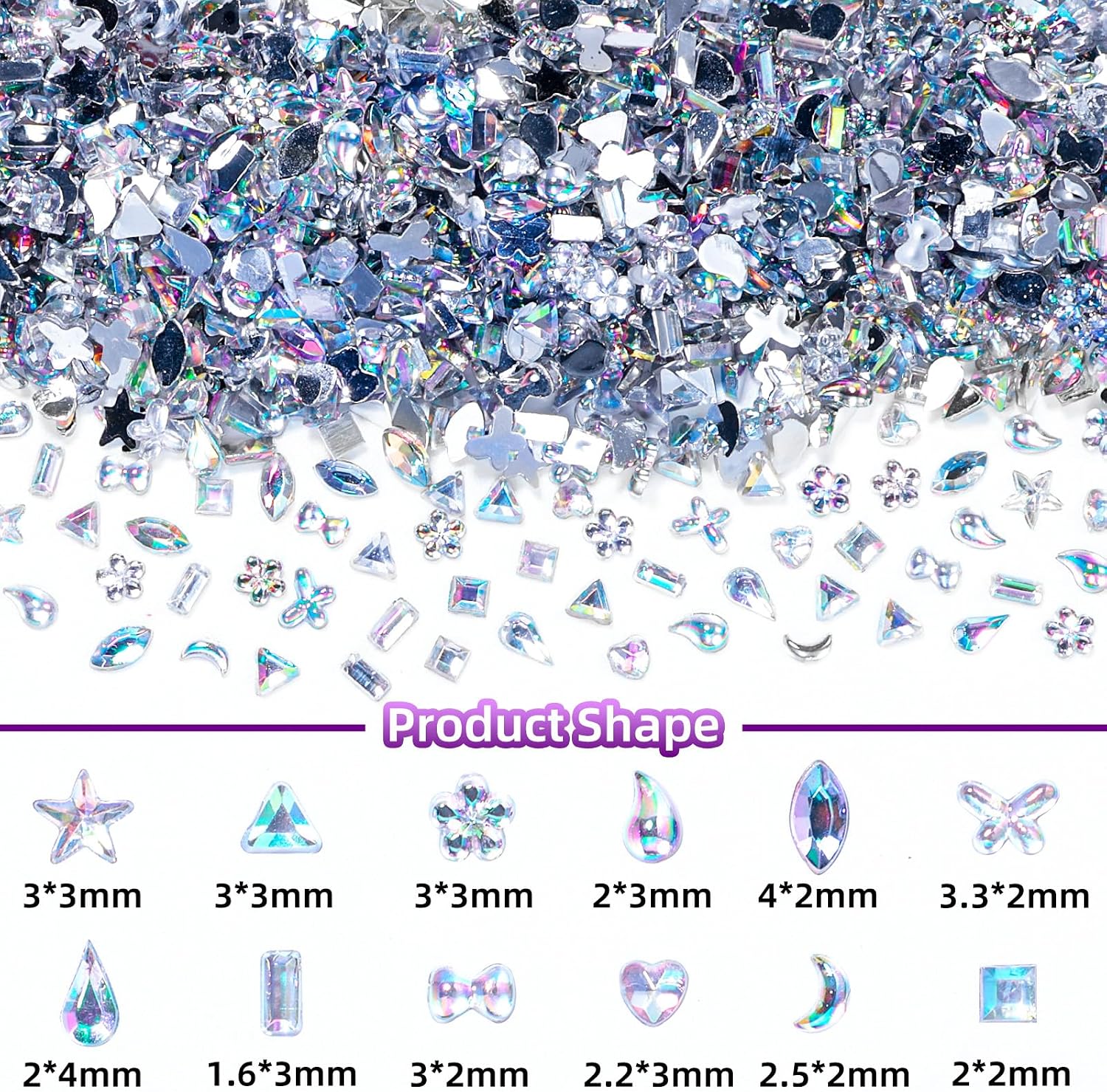 2000 Pcs Mini Nail Stones and Gems, Nail Crystal Multi Shape Small Nail Art Gems, Flatback Nail Gems Rhinestones, Heart Star Flower Tiny Diamond Nail Stones for Nail Art Crafts Clothing Makeup