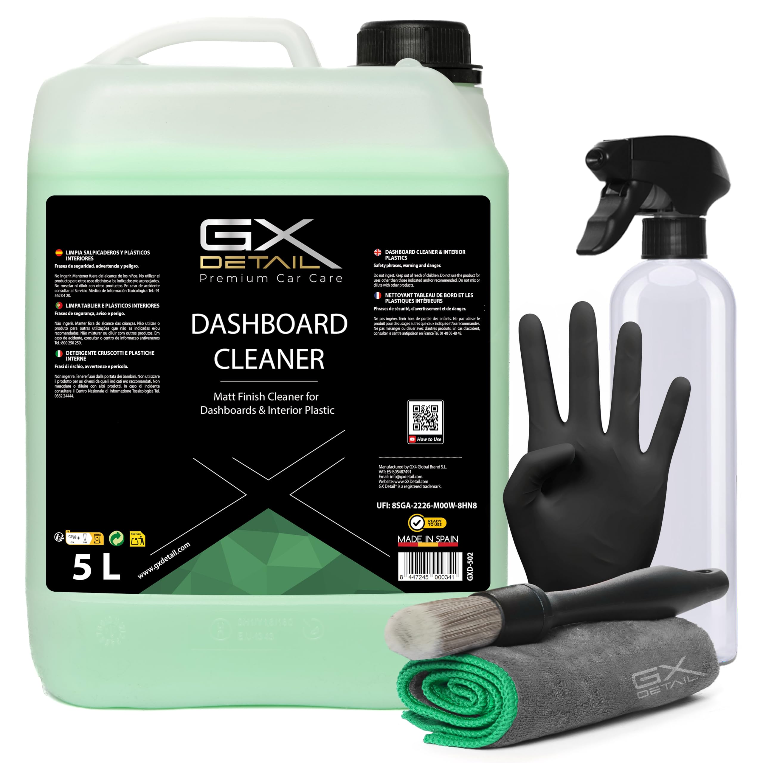 GxDetail Limpia Salpicaderos para Coche 5 Litros – Renueva y Protege Plásticos y Vinilos – Efecto Antipolvo y Acabado Mate – Fórmula No Grasa y Fácil Aplicación.