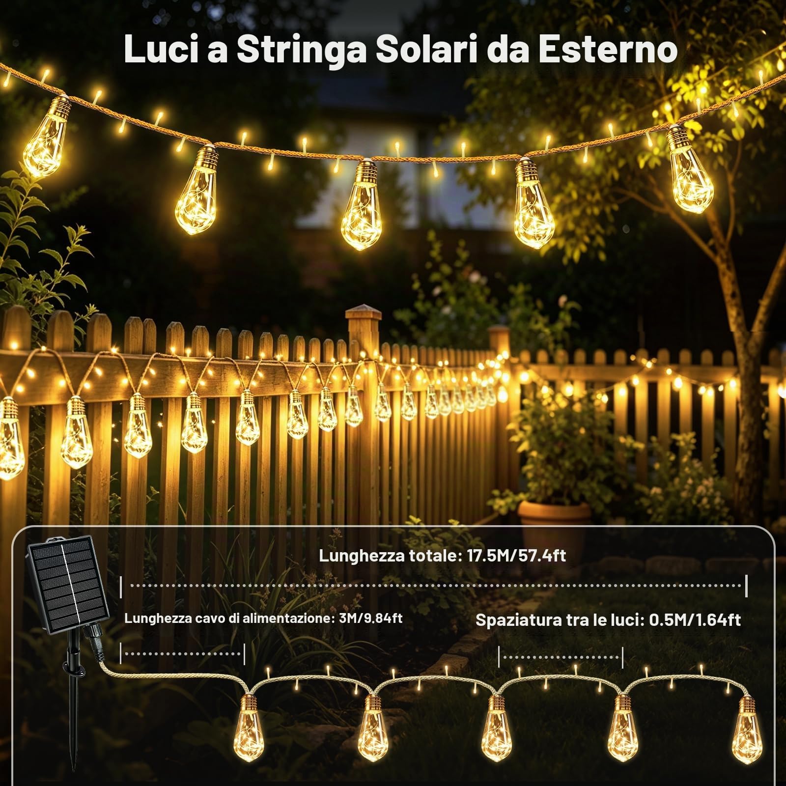Catena Luminosa Esterno Solare 17,5M Catena Luci Stringa con 30 S17 | 8 Modalità, IP65 Impermeabile, Corda di Canapa Luci Solari Esterno Decorazione per Giardino, Cortile, Festa, Matrimonio