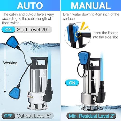 Miniatura 5 de FLUENTPOWER Bomba de sumidero de acero inoxidable de 1HP de 4000 GPH, bomba sumergible de acero inoxidable, drenaje de agua sucia para sótano,