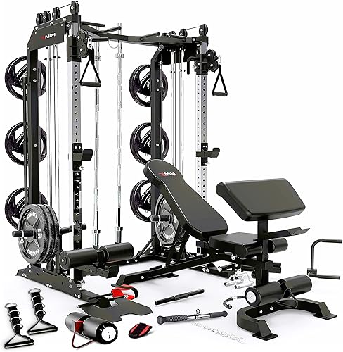 Miniatura 7 de MiM USA Pro Master 1001 Smith Machine Entrenador funcional, máquina de gimnasio todo en uno con banco de pesas adicional, predicador Curl y