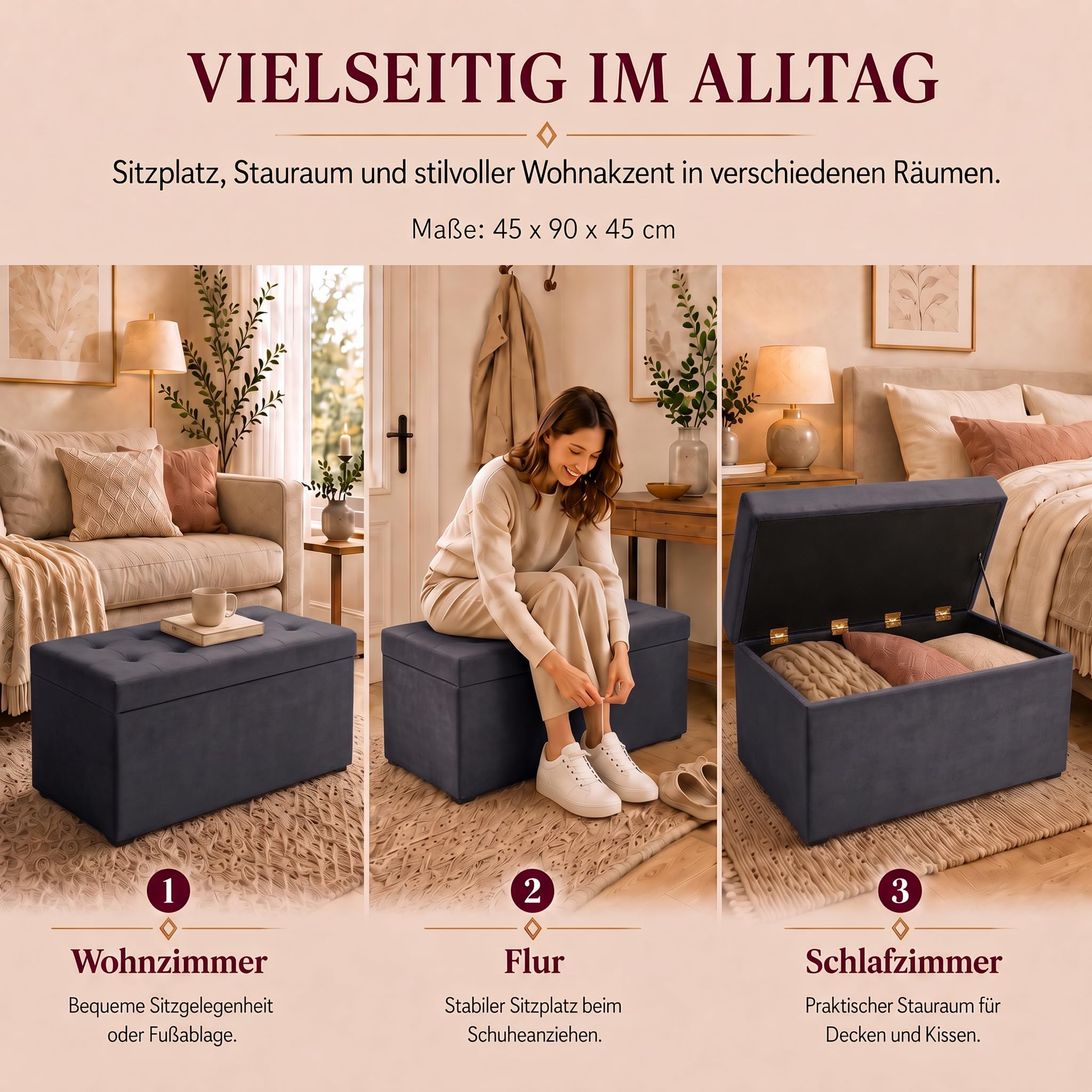 VELORA H&L Sitzbank mit Stauraum 45 x 90 cm Graphit – Samt Sitzbank mit Aufbewahrungsfach, belastbar bis 300 kg, gepolsterte Bank für Flur, Schlafzimmer und Wohnzimmer