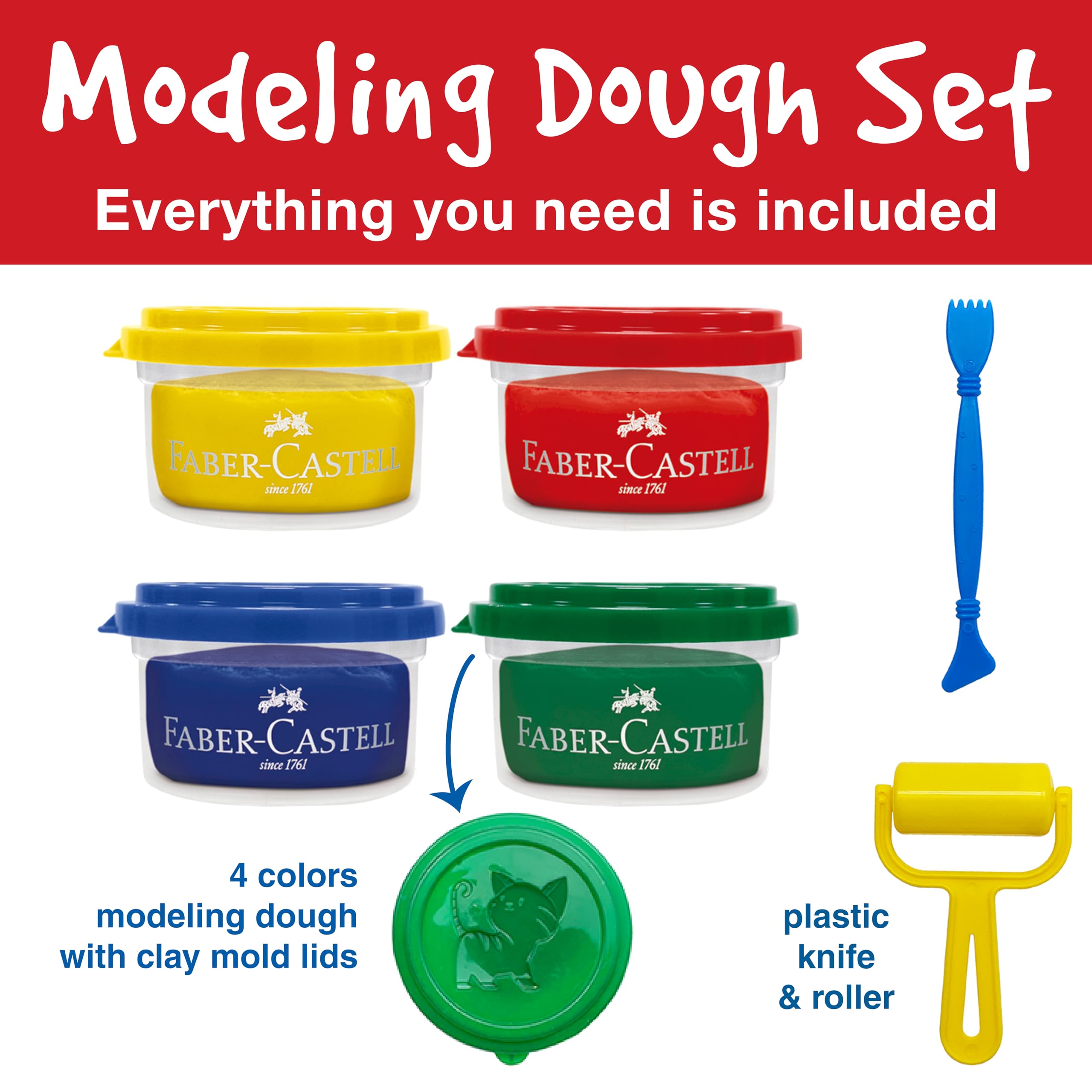Faber-Castell Little Creatives Super Soft Modeling Dough: 4 Classic Colors and Play Dough Accessories, Non Toxic Playdough Kit for Toddlers, Gifts for Kids and Preschool (Ages 3+)
