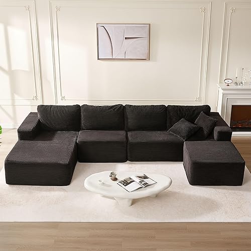 138" Boneless Couch with Deep Seat, Set of Modular Sectional Sofa, Cloud Sectional Couch for Living Room, No Assembly Required, Corduroy, 4 Seater L-Shape Left, Black