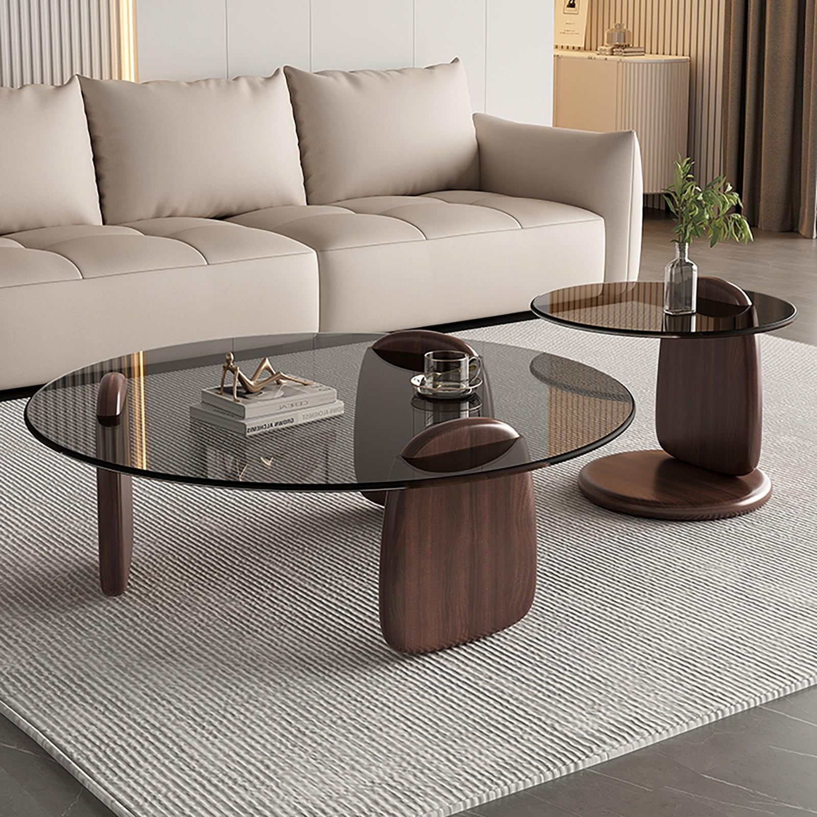 Mesa de Centro Redonda Cristal, Mesa Nido Juego de 2, Patas de Madera Maciza, Vidrio Templado para Salón Dormitorio Oficina-Fácil Montaje(Brown-B,80+50cm/31+20in)