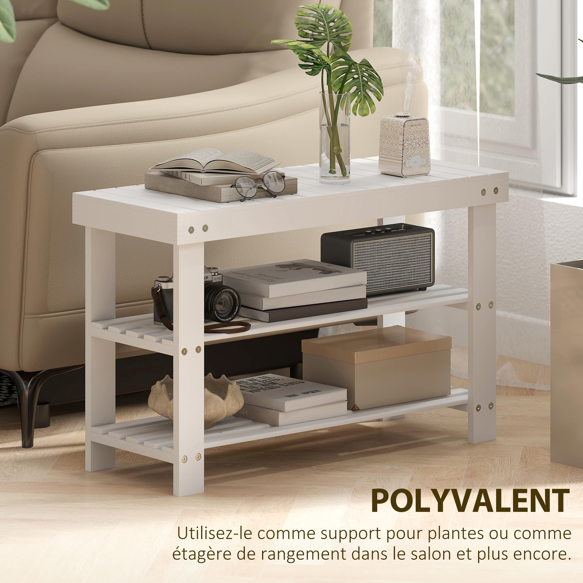 HOMCOM Banc à Chaussures en Bambou Scandinave 70 x 28 x 45 cm Blanc | Étagère à Chaussures à 3 Niveaux, Banc de Rangement pour Entrée, Salon, Chambre, Charge 136 Kg