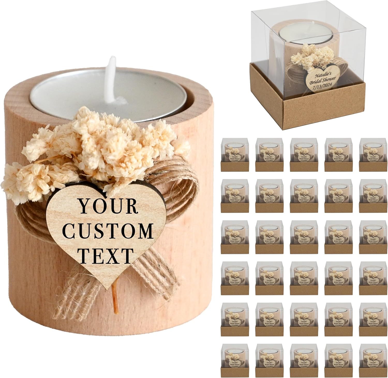 30 Pcs Handmade Personalized Natural Wood Cylinder Candle Holders – Perfect for Weddings, Bridal Showers, Memorials & Gifts