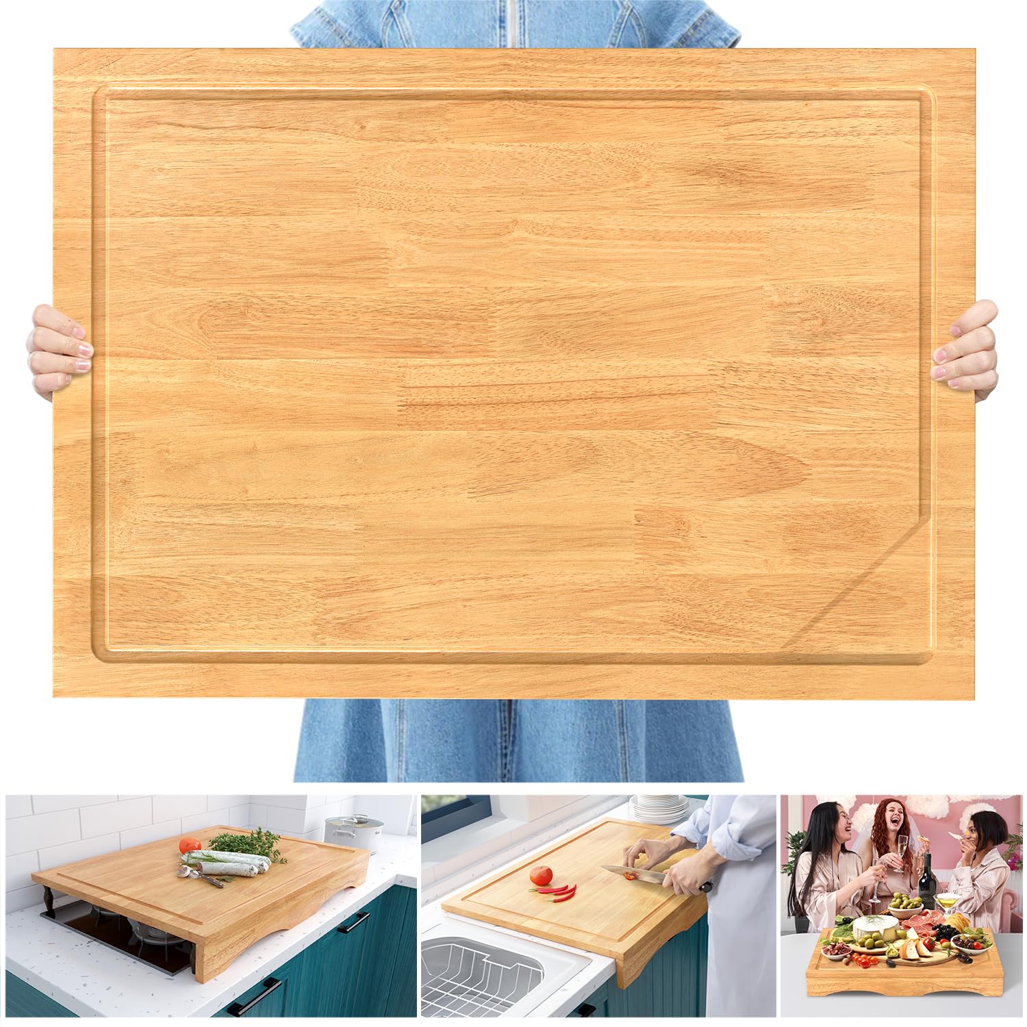 32x23.5in Extra Large Solid Wood Cutting Board and Stovetop Cover - 2-in-1 Over The Sink Cutting Board & Gas Stove Cover with Detachable Legs and Juice Groove - Ideal for Kitchen (Model 1)